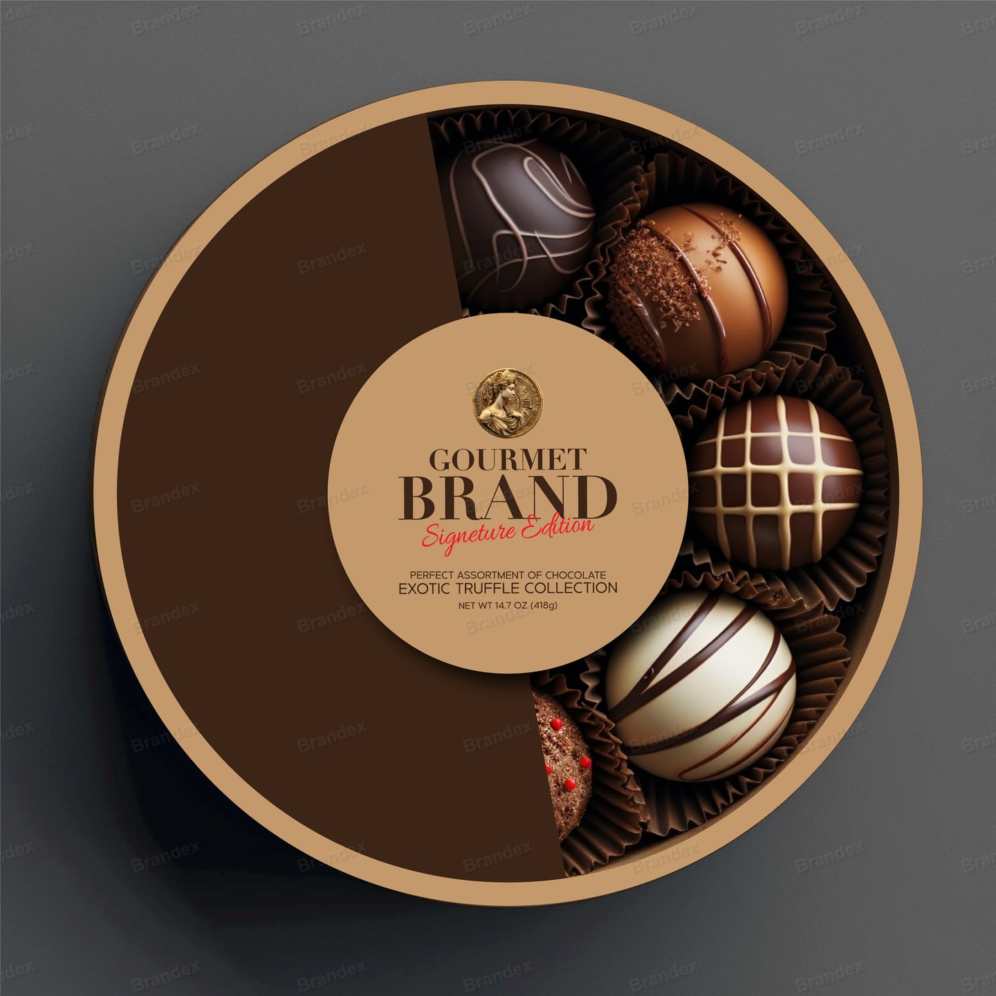 Brandex Gourmet Chocolate Truffle Round Gift Box Mockup — Brown & Gold Round Label