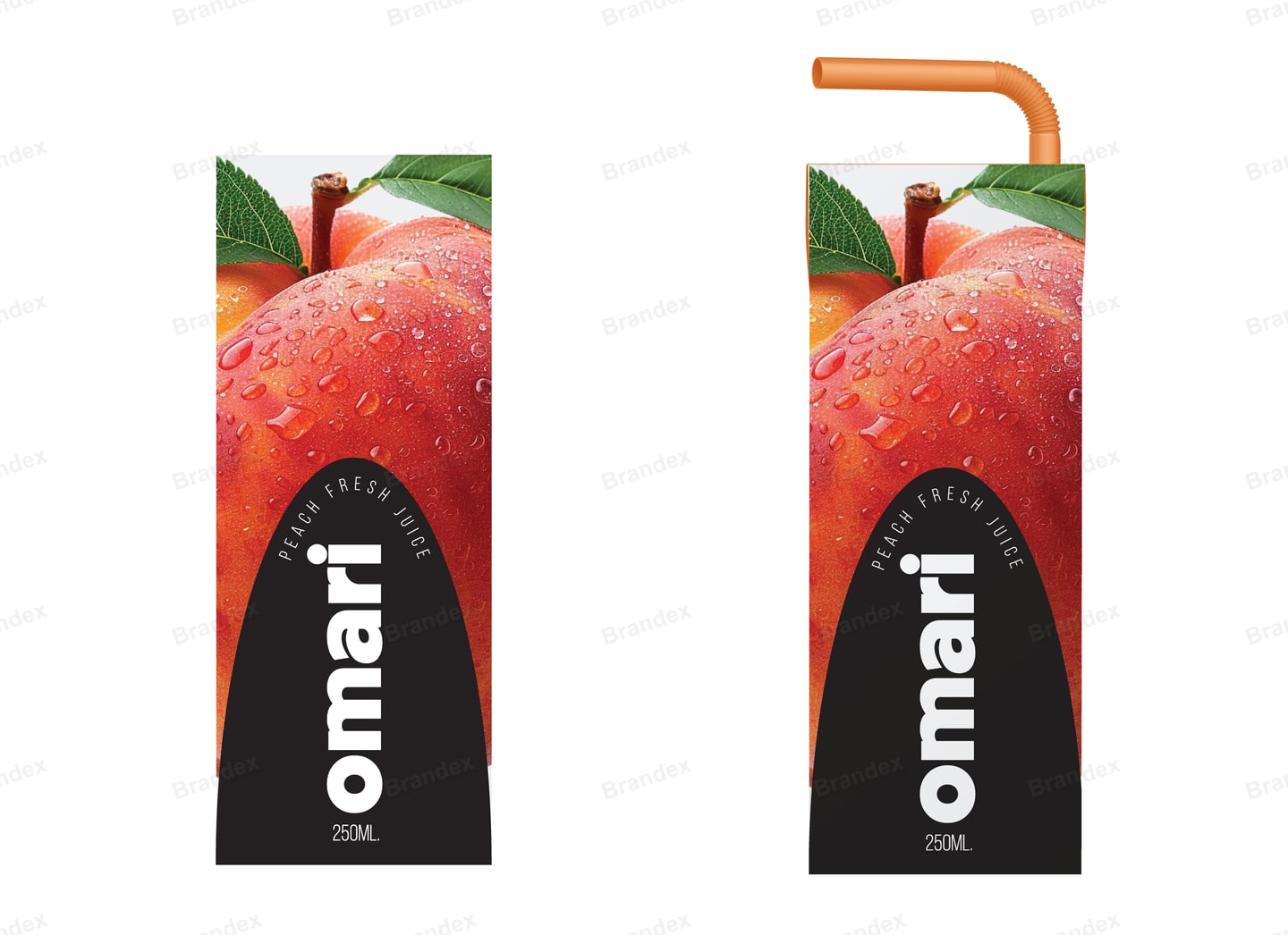Omari Peach Juice Pouch Packaging Mockup — Photoreal Fruit