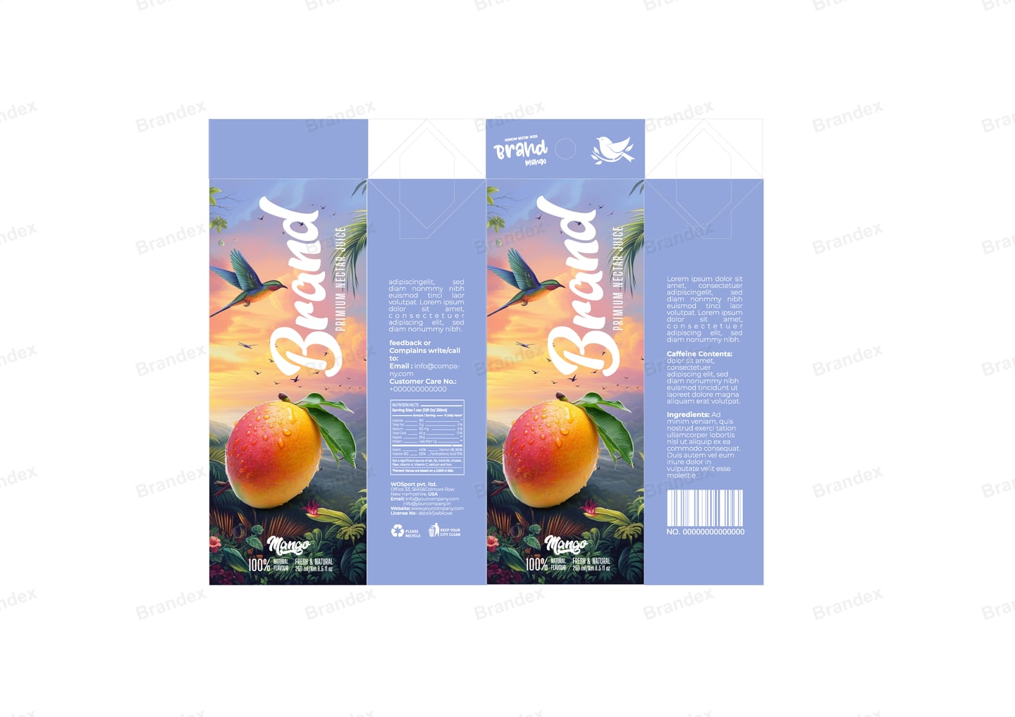 Brandex Mango Juice Carton Packaging Mockup — Sky Blue Carton