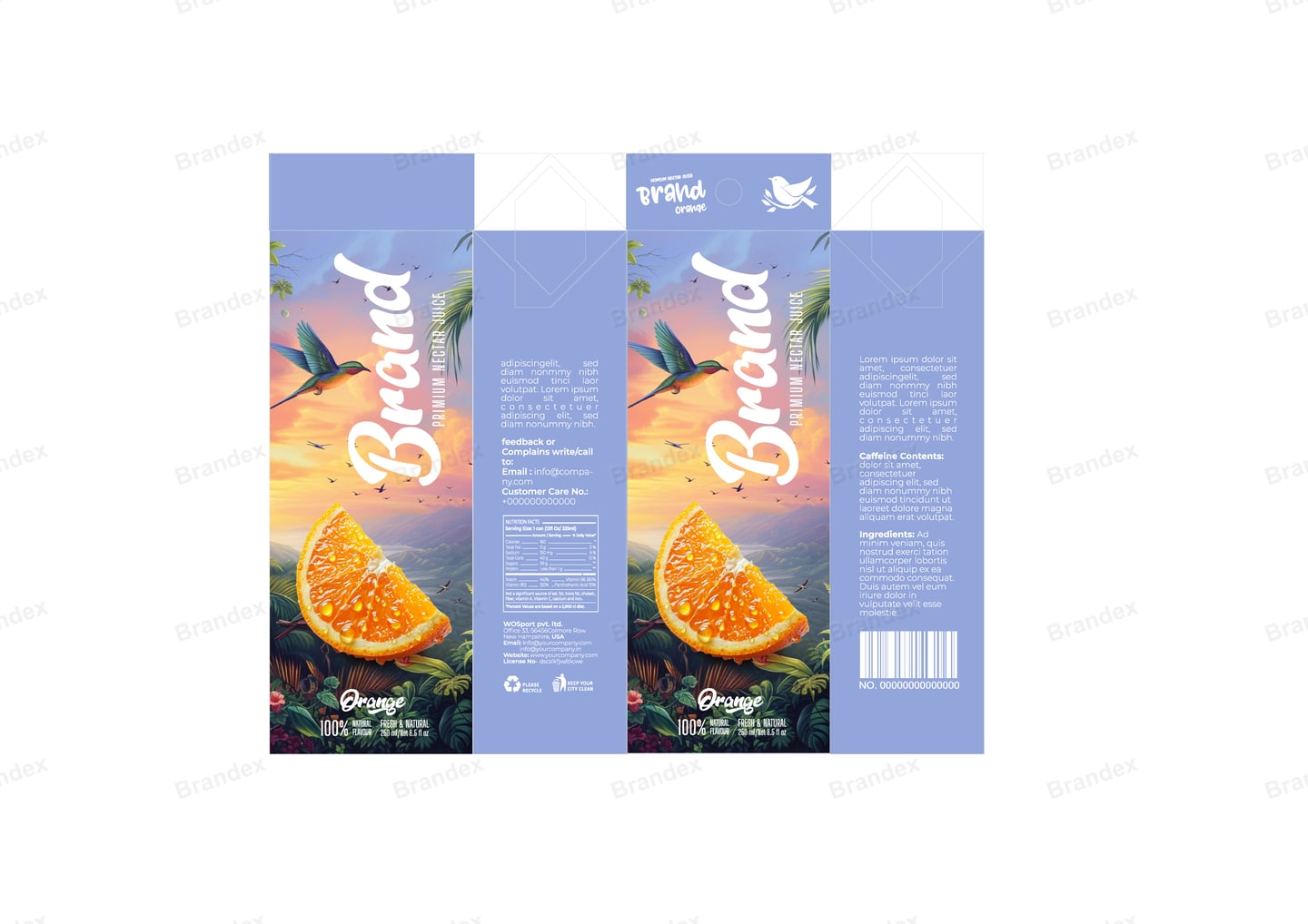 Brandex Orange Juice Carton Packaging Mockup — Sky Blue Carton