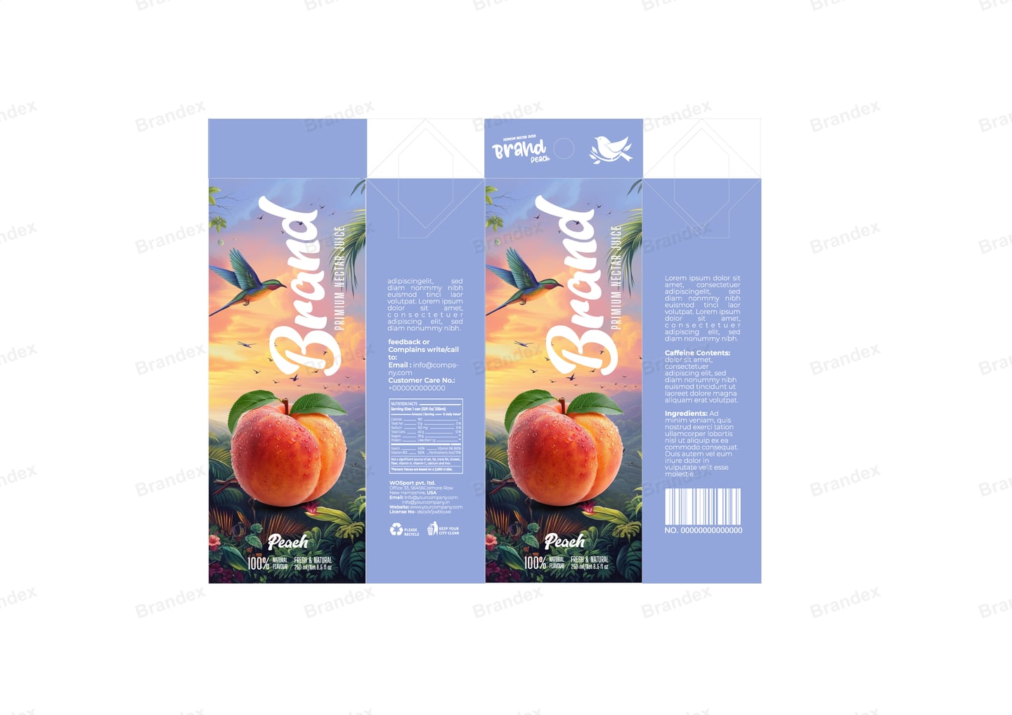 Brandex Peach Juice Carton Packaging Mockup — Sky Blue Carton