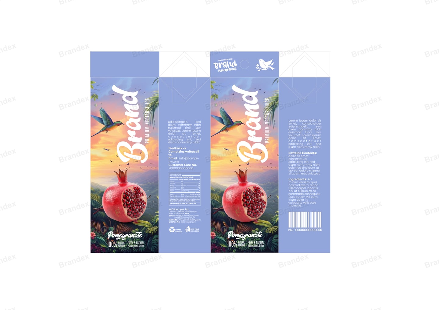 Brandex Pomegranate Juice Carton Packaging Mockup — Sky Blue Carton