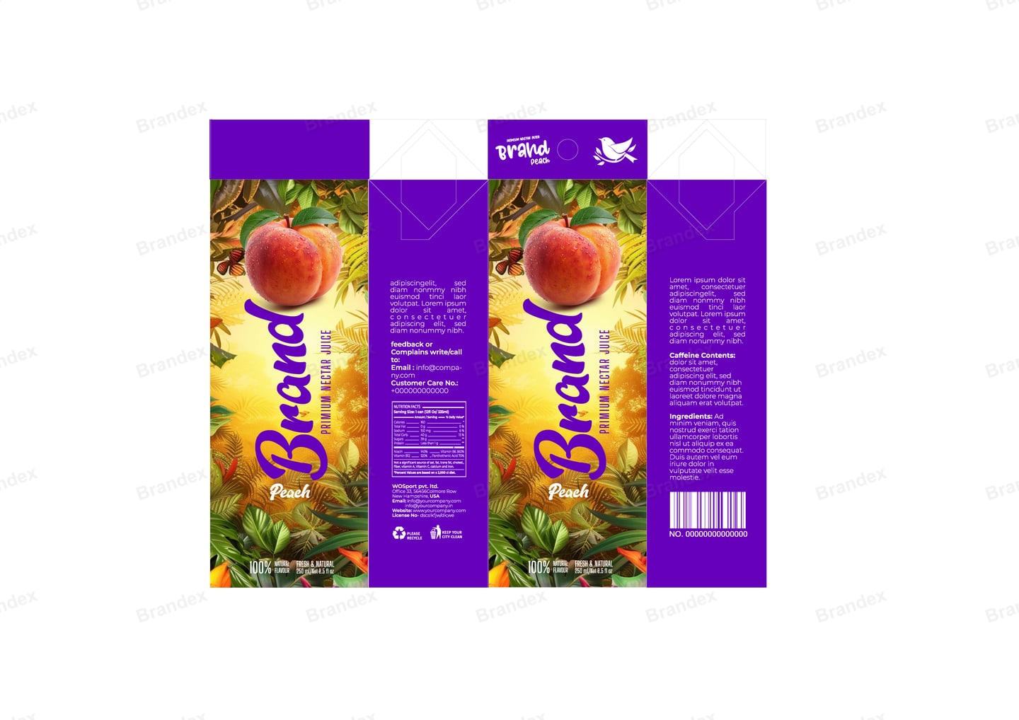Brandex Peach Juice Carton Packaging Mockup — Violet Carton