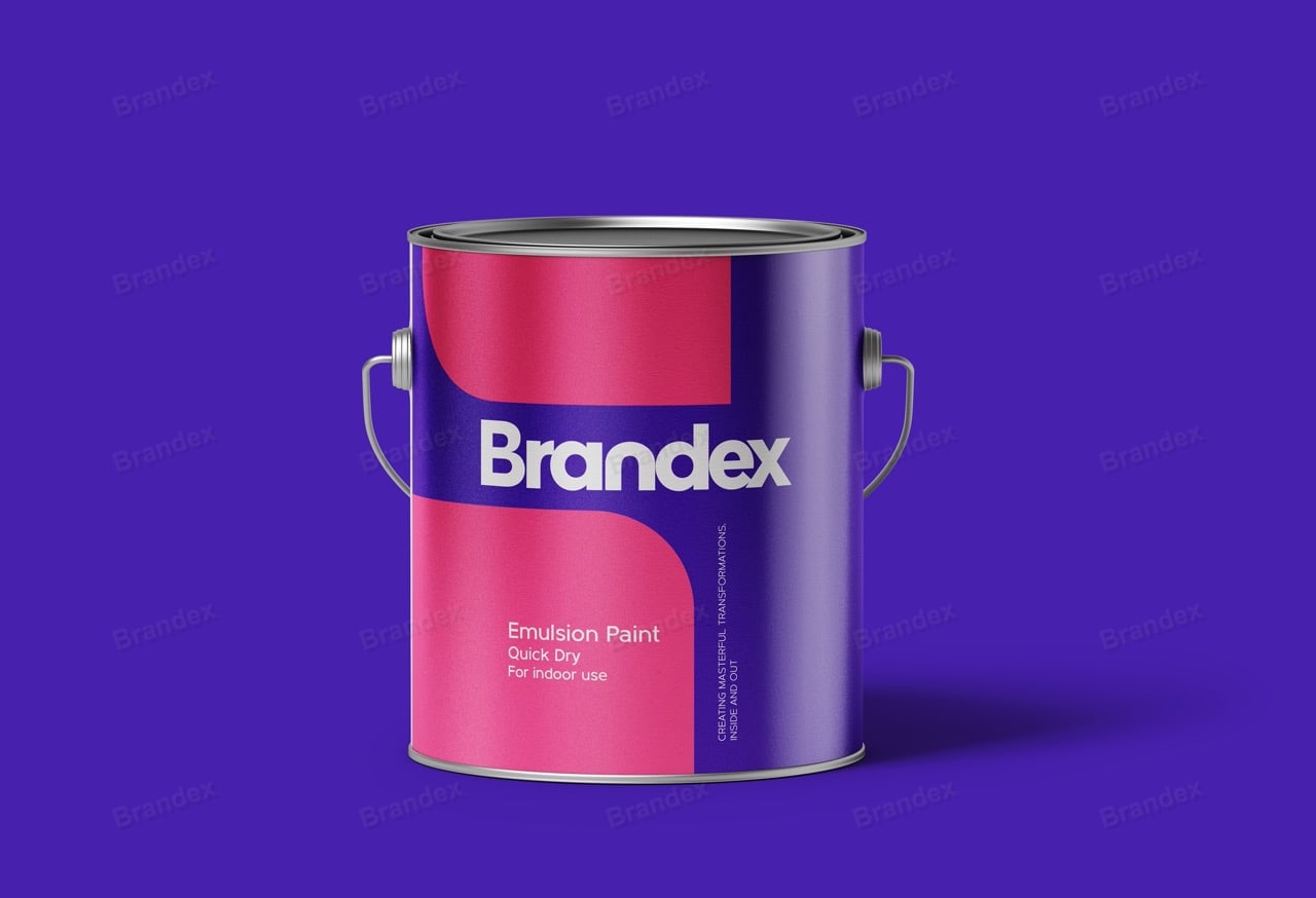 Brandex Emulsion Paint Tin Packaging Mockup — Magenta on Purple