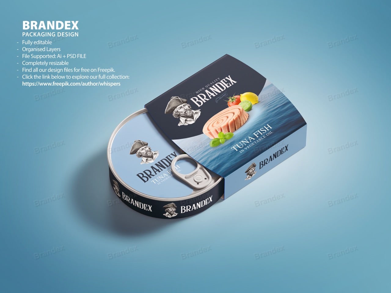 Brandex Canned Tuna Oval Tin Packaging Mockup — Blue Ocean