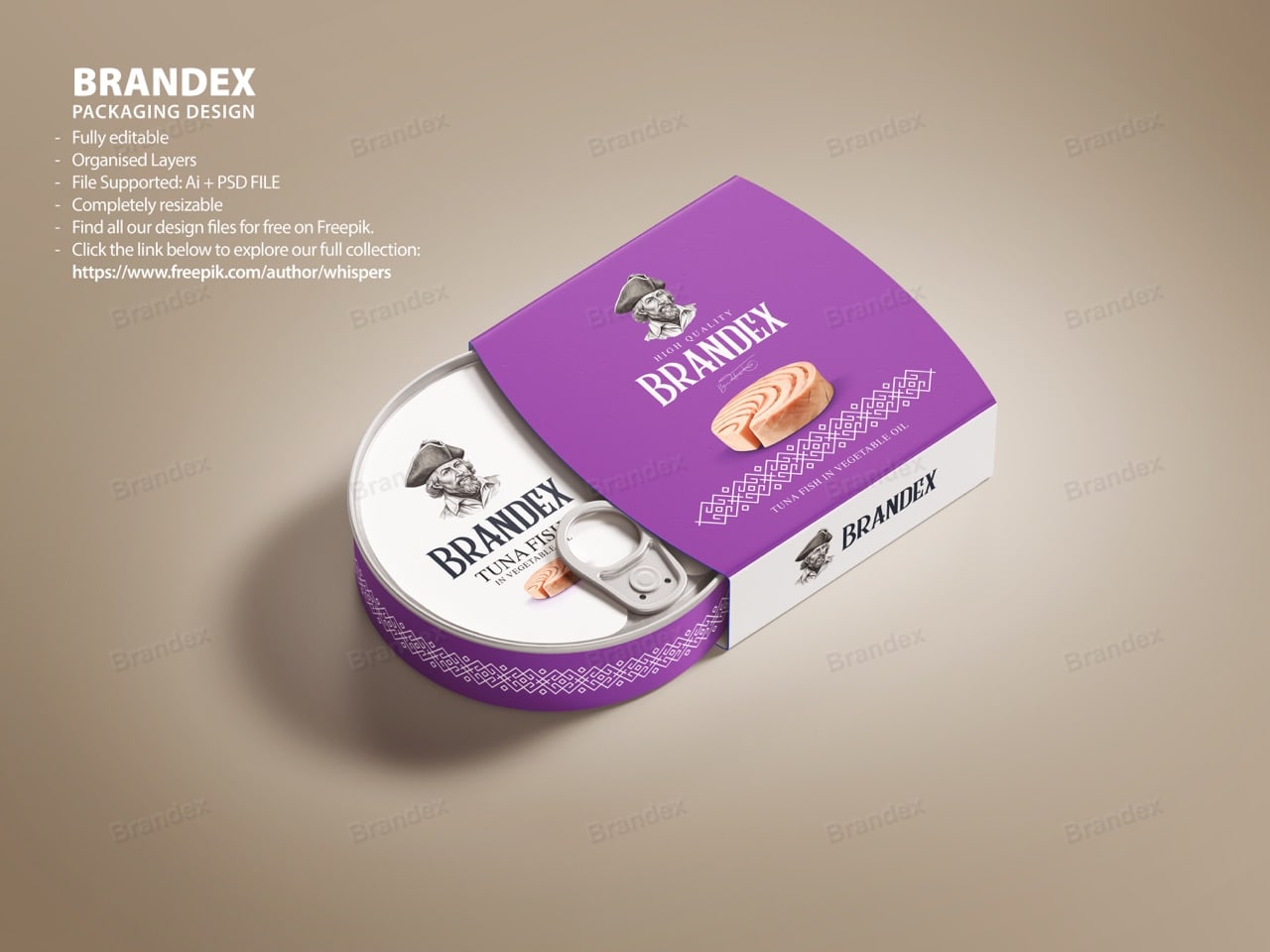 Brandex Canned Tuna Oval Tin Packaging Mockup — Purple Lid