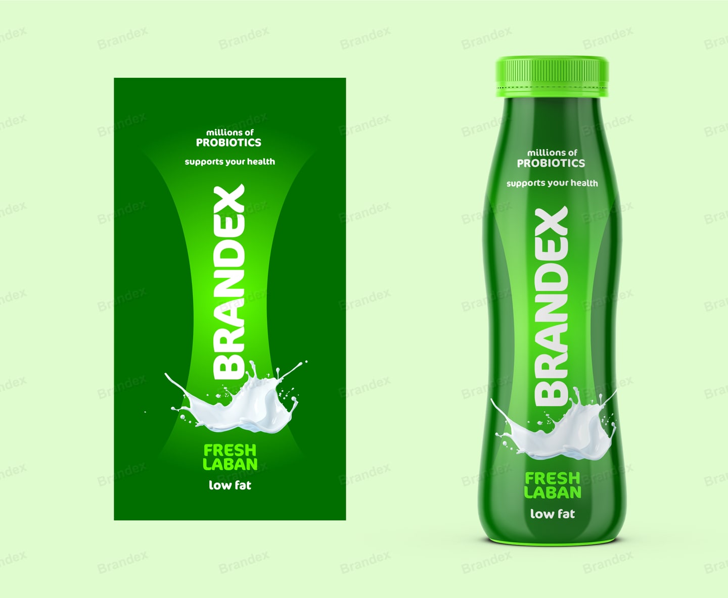 Brandex Fresh Laban Yogurt Drink Packaging Mockup — Green Splash