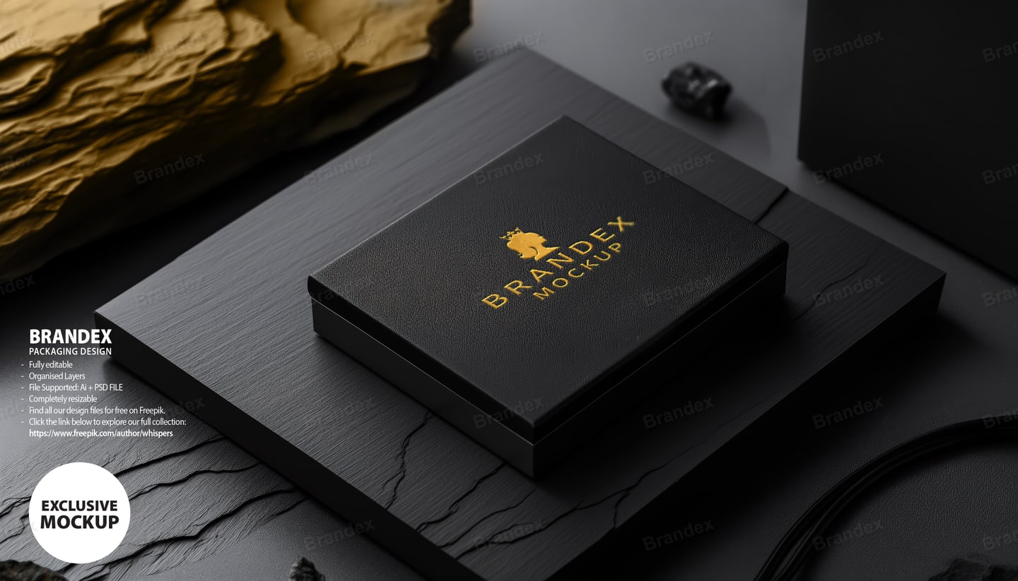 Premium Brandex Packaging – Matte Black Jewelry Box with Gold Foil Mockup