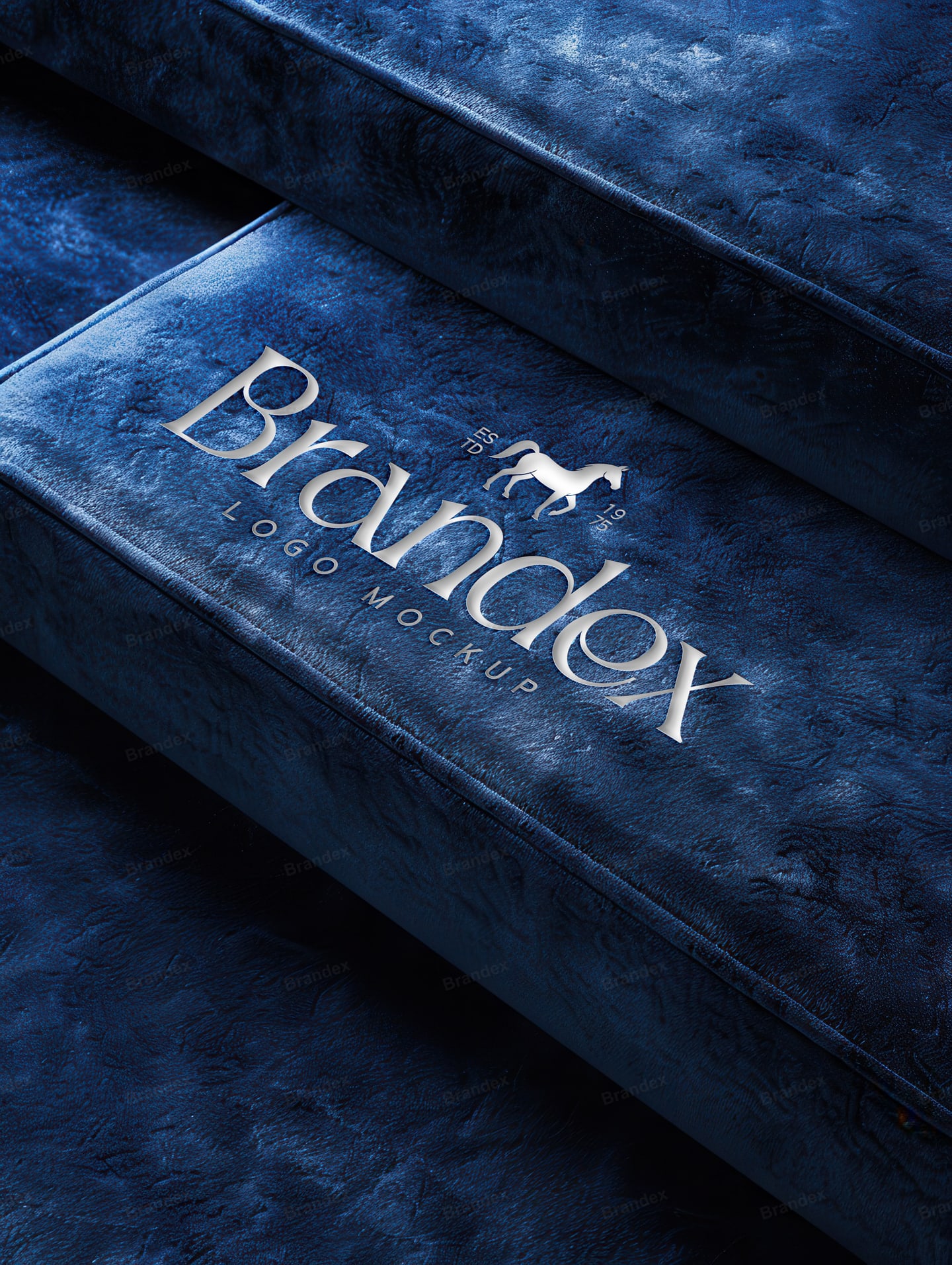 Embossed Silver Logo Mockup on Dark Blue Velvet Box – Close Up View