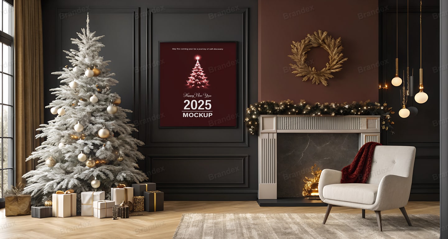 Square Framed Poster Mockup in Christmas Living Room Interior