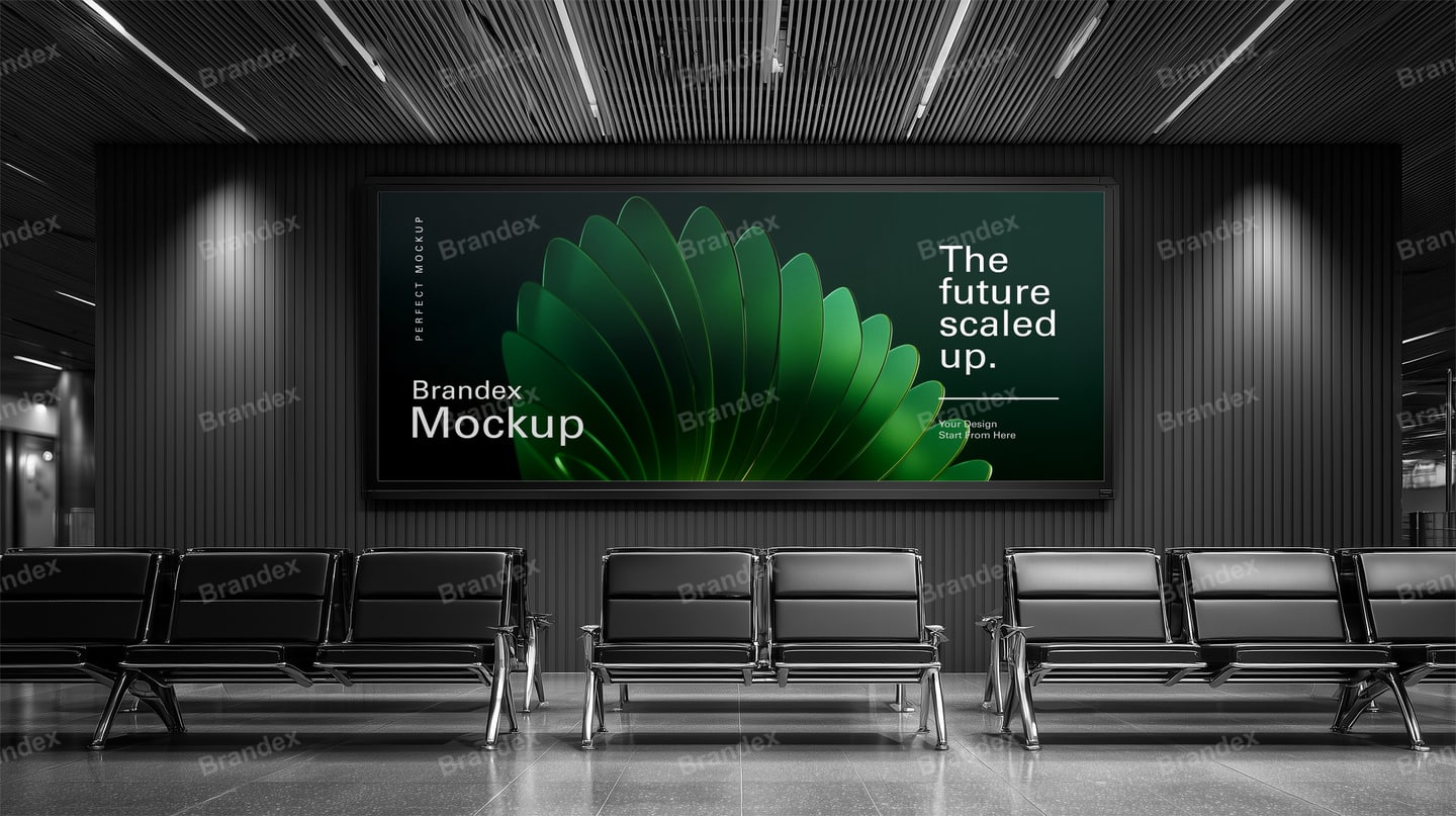 Modern Airport Terminal Waiting Area Wide-Format Billboard Mockup