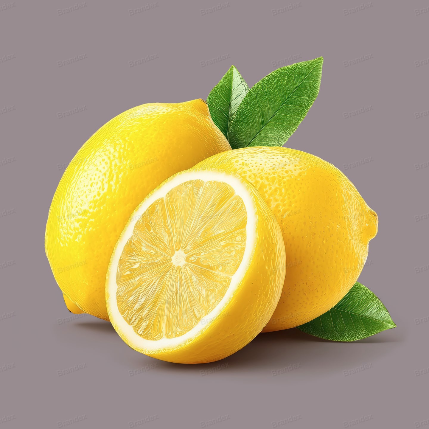 High-Resolution Fresh Whole and Sliced Lemons with Green Leaves