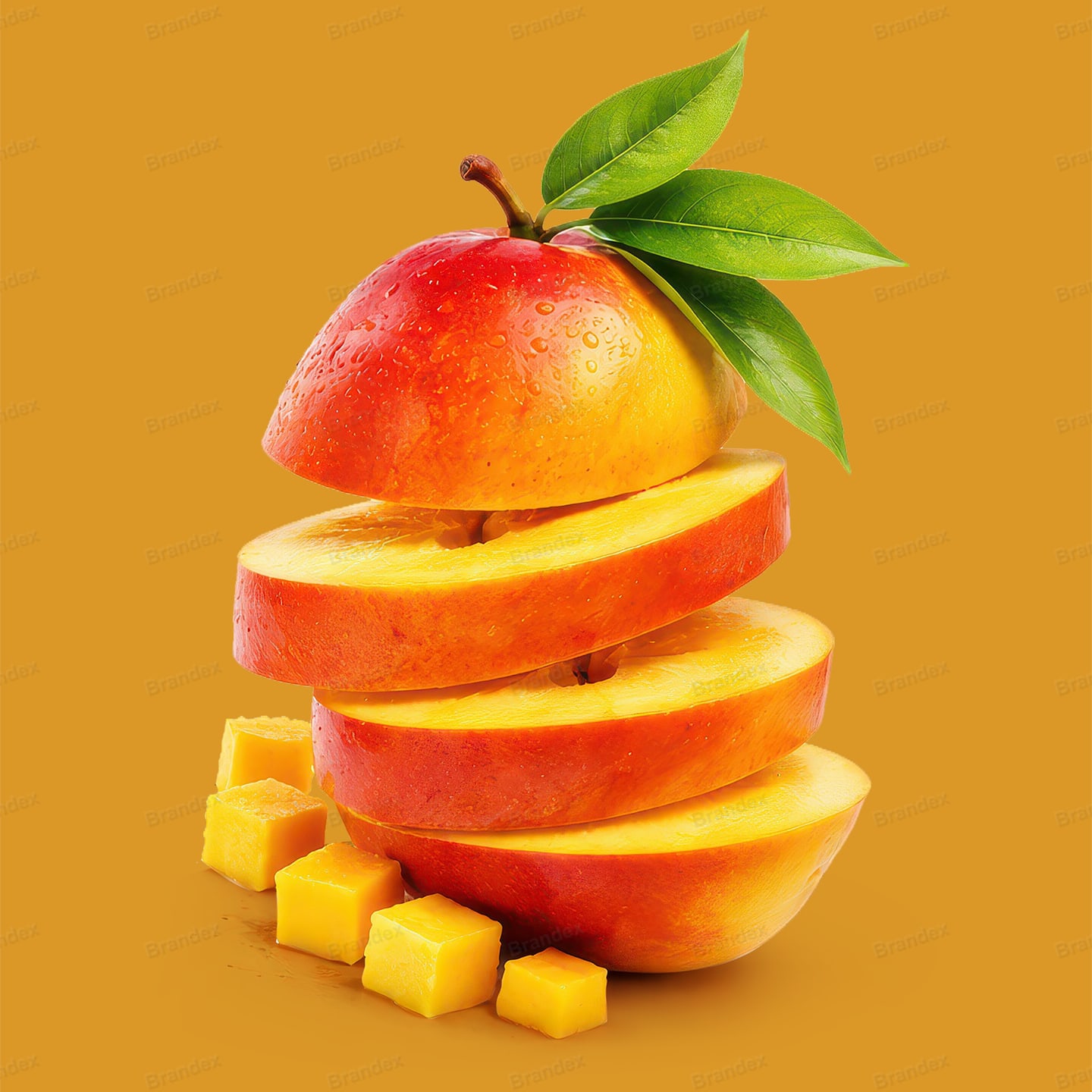 High-Resolution Levitation Mango Slices with Fresh Leaves and Cubes