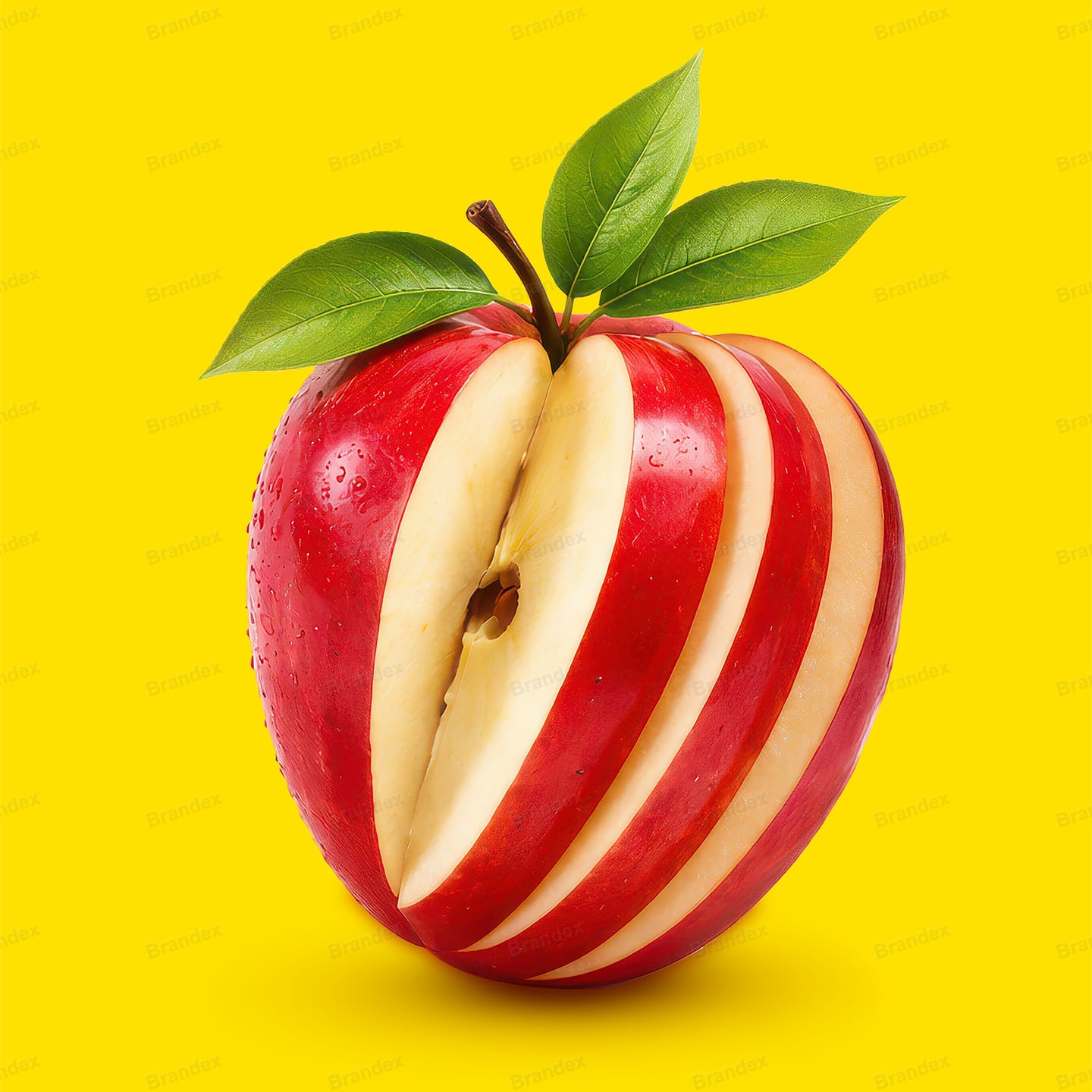High-Resolution Fresh Sliced Red Apple with Green Leaves