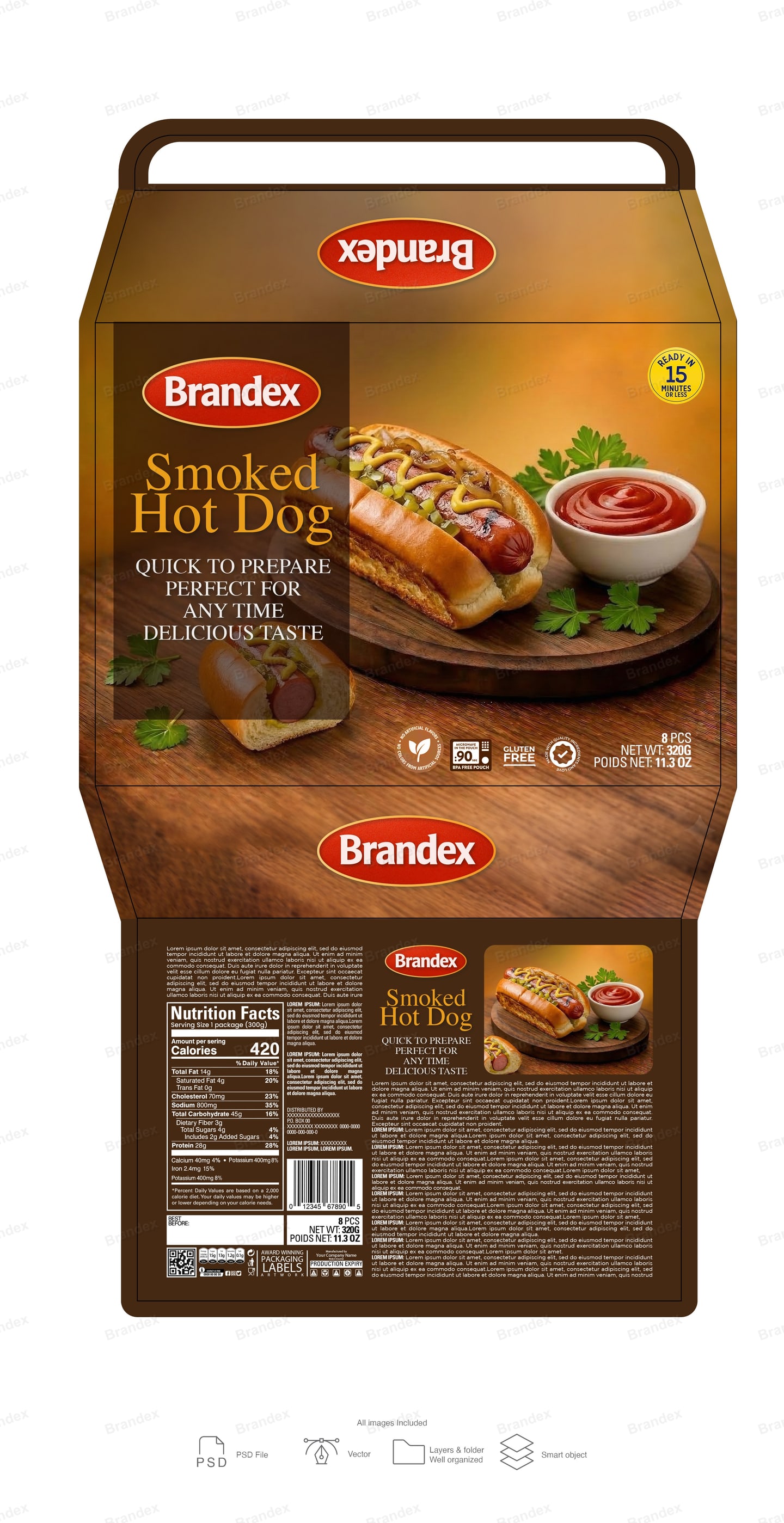 Smoked Hot Dog Carry Box Packaging Template – Brown Die-Line Design