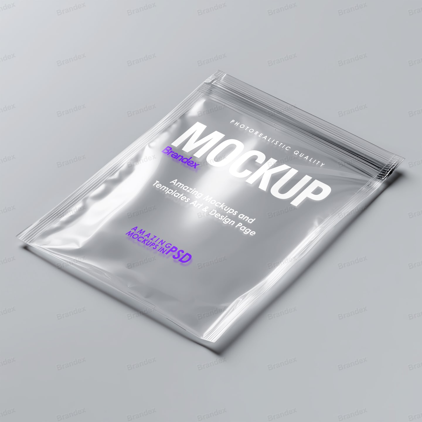 Clear Plastic Foil Zipped Pouch Mockup on Grey Surface