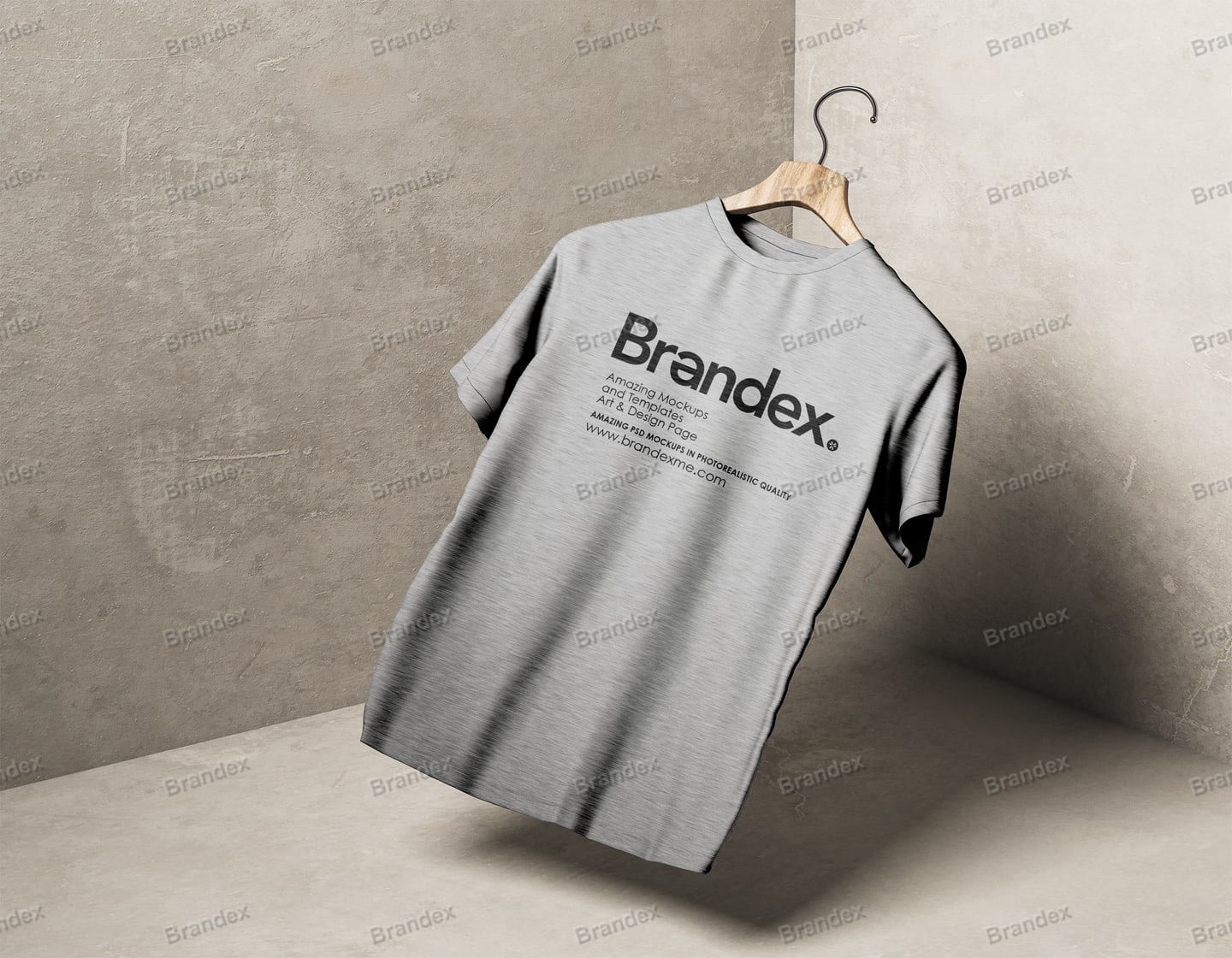 Premium Brandex Apparel – Floating Wooden Hanger with Heather Grey T-Shirt Mockup