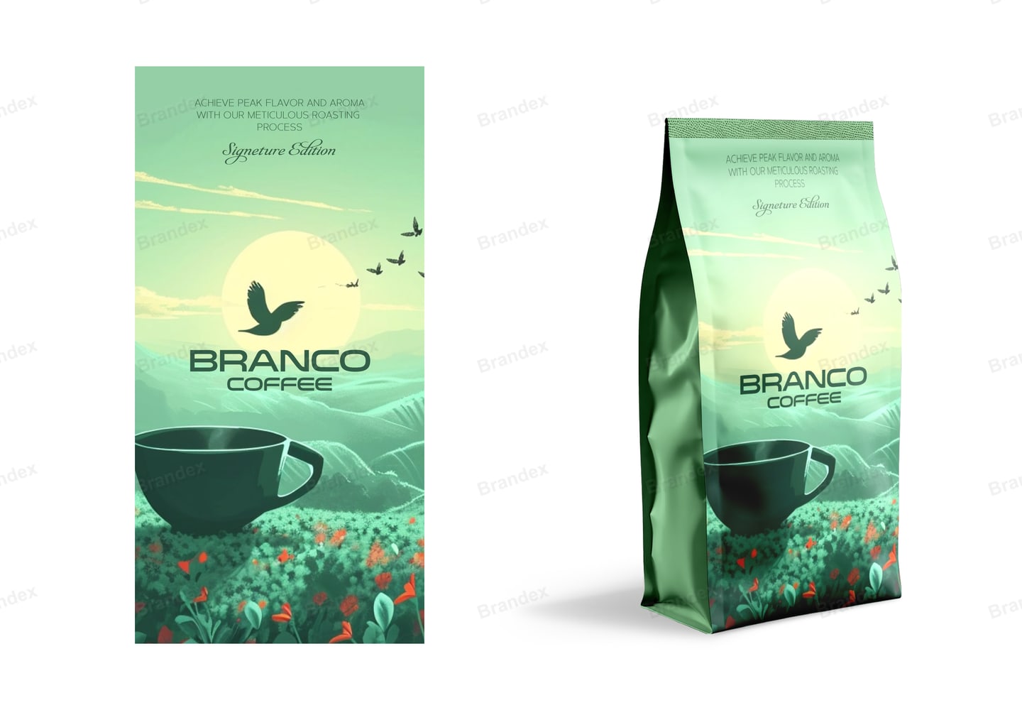 Branco Coffee Signature Edition Bag Packaging Design - Sunrise & Poppy Field Illustration
