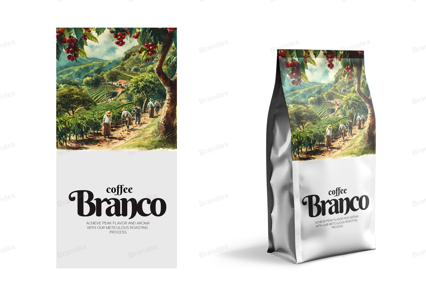 Coffee Branco Bag Packaging Design - Coffee Plantation Harvest Illustration