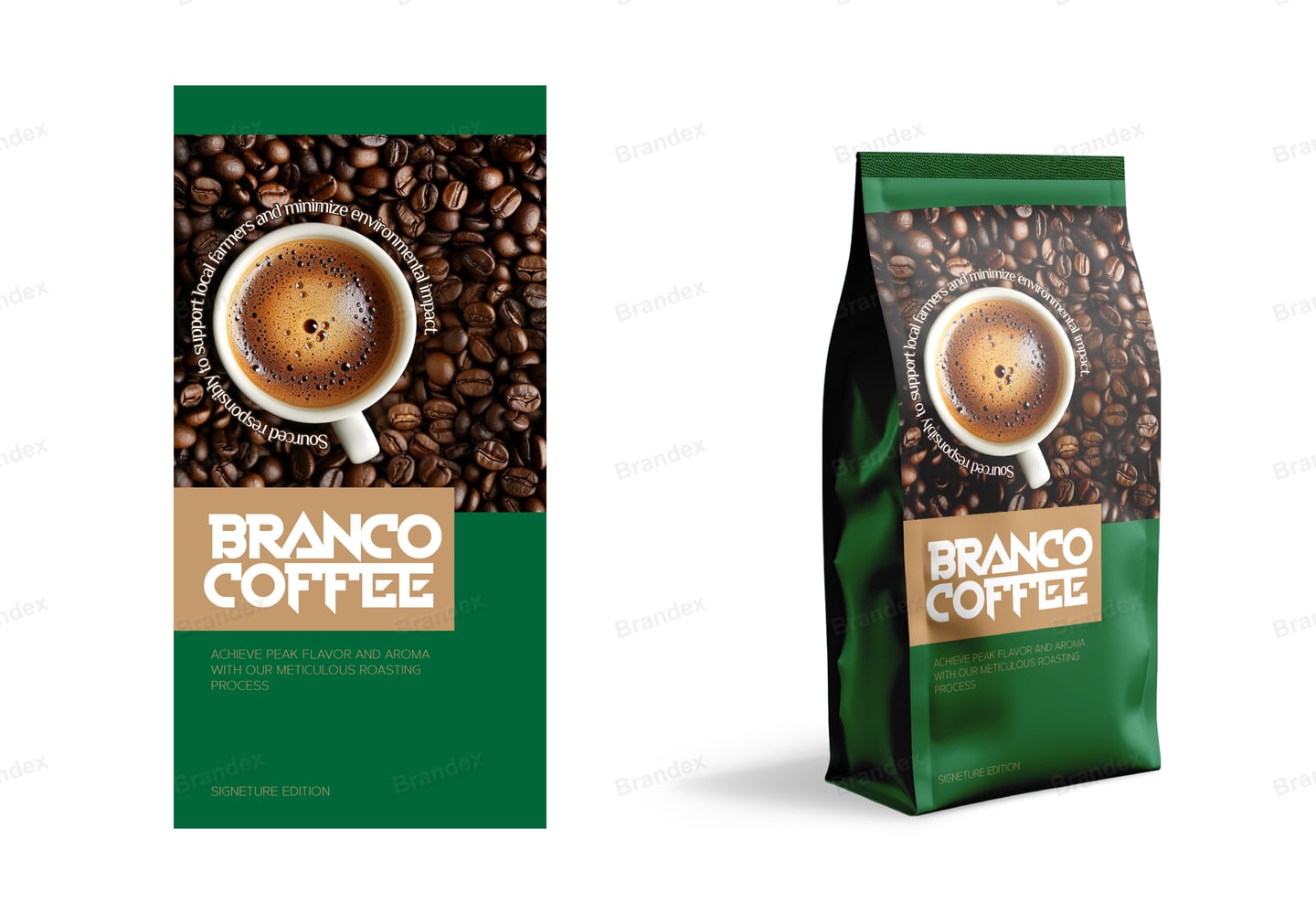 Branco Coffee Signature Edition Bag Packaging Design - Green with Espresso Cup & Beans Photography