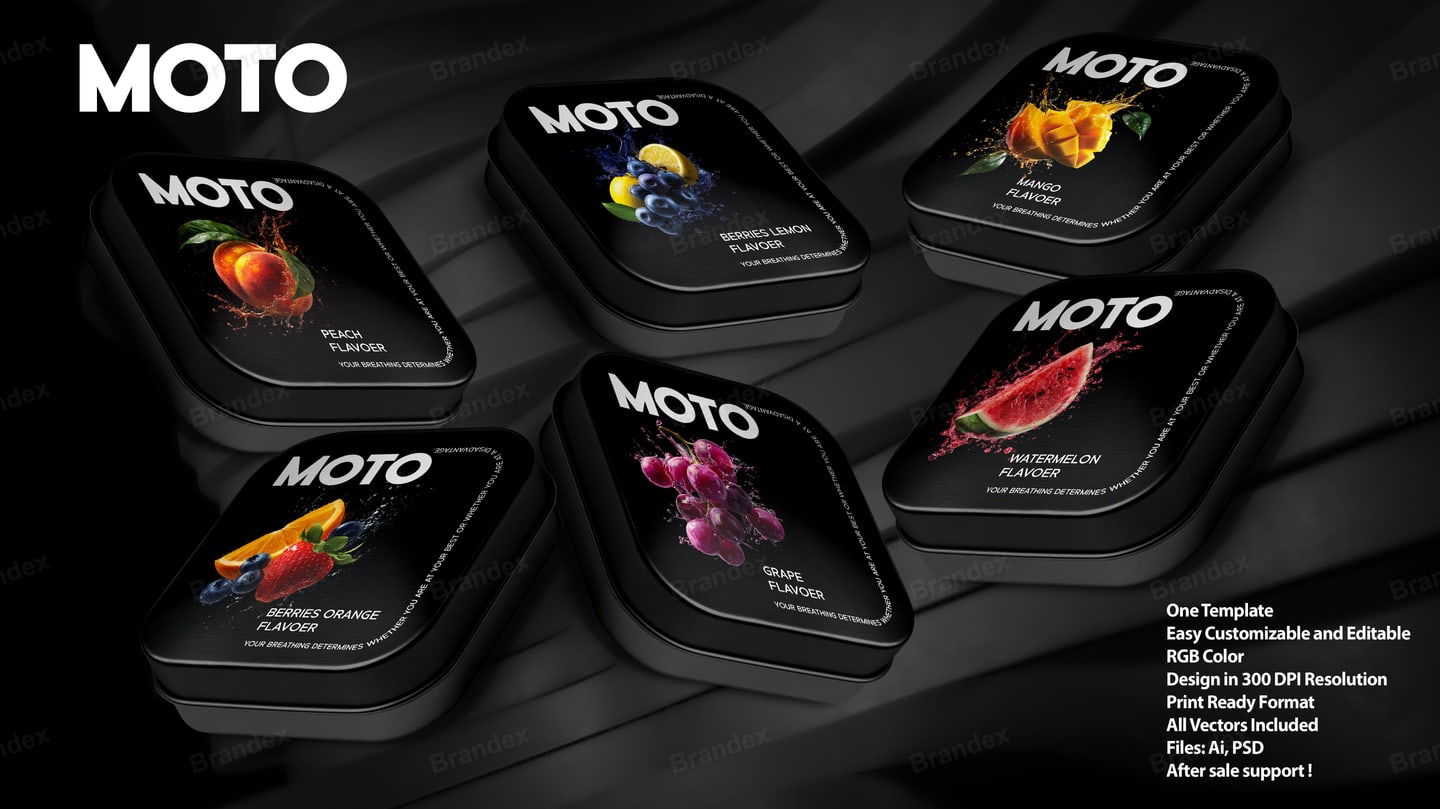 MOTO Candy Tin Packaging Vector Template Editable AI PSD