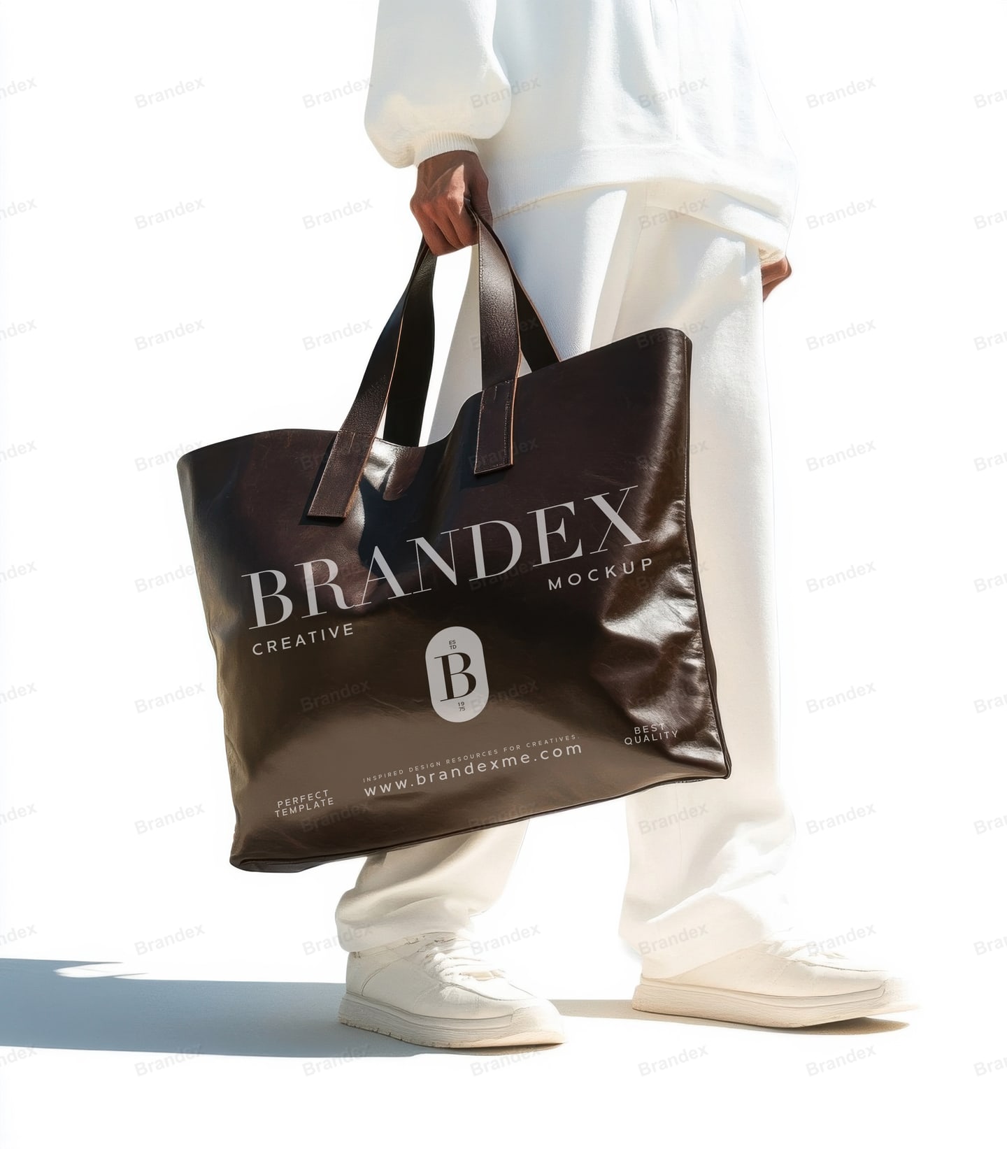Large Brown Leather Tote Bag Mockup Held Walking Outdoors