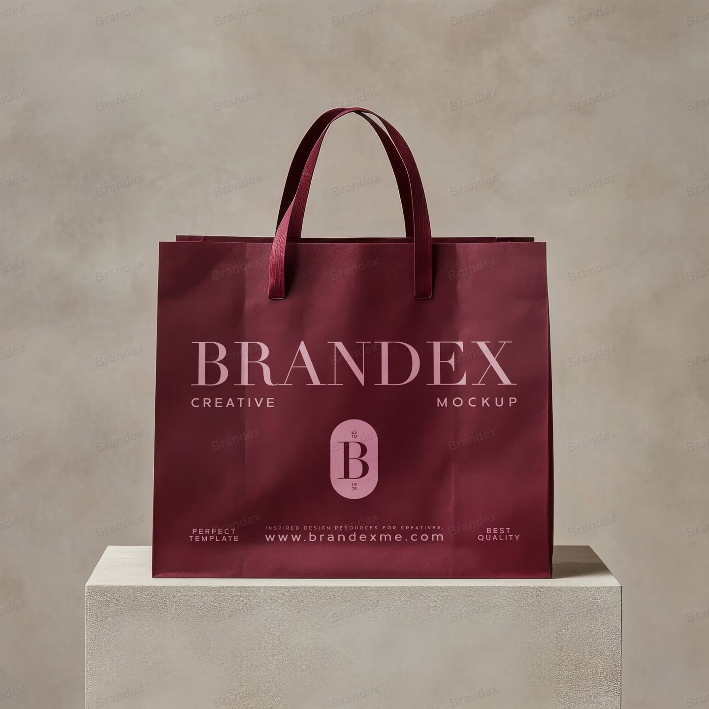Burgundy Paper Shopping Bag Mockup on Stone Podium – Minimalist Studio View