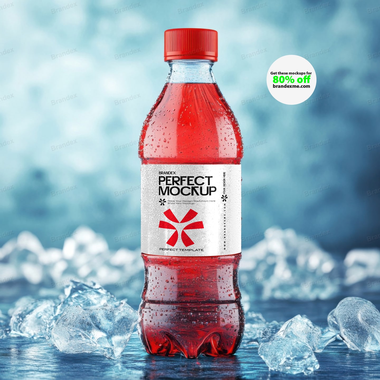 Realistic Chilled Red Beverage Bottle Mockup with Ice