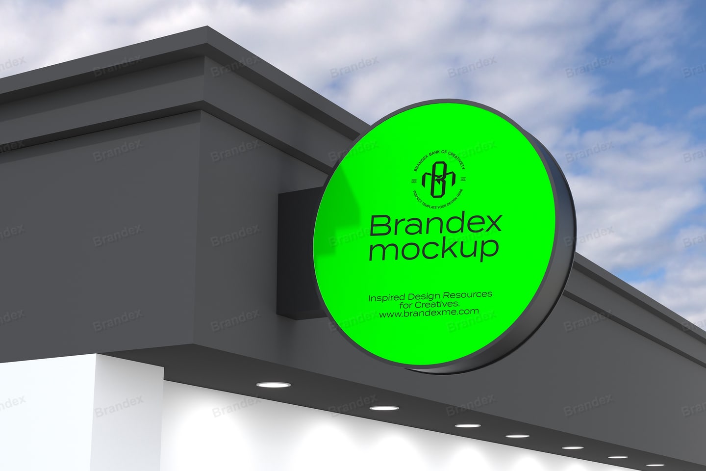 Round Neon Green Building Facade Shop Sign Mockup