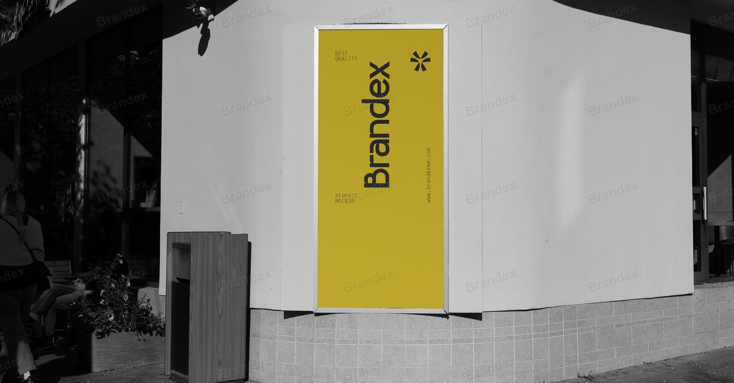 Outdoor Building Facade Vertical Sign Mockup Yellow Branding Display