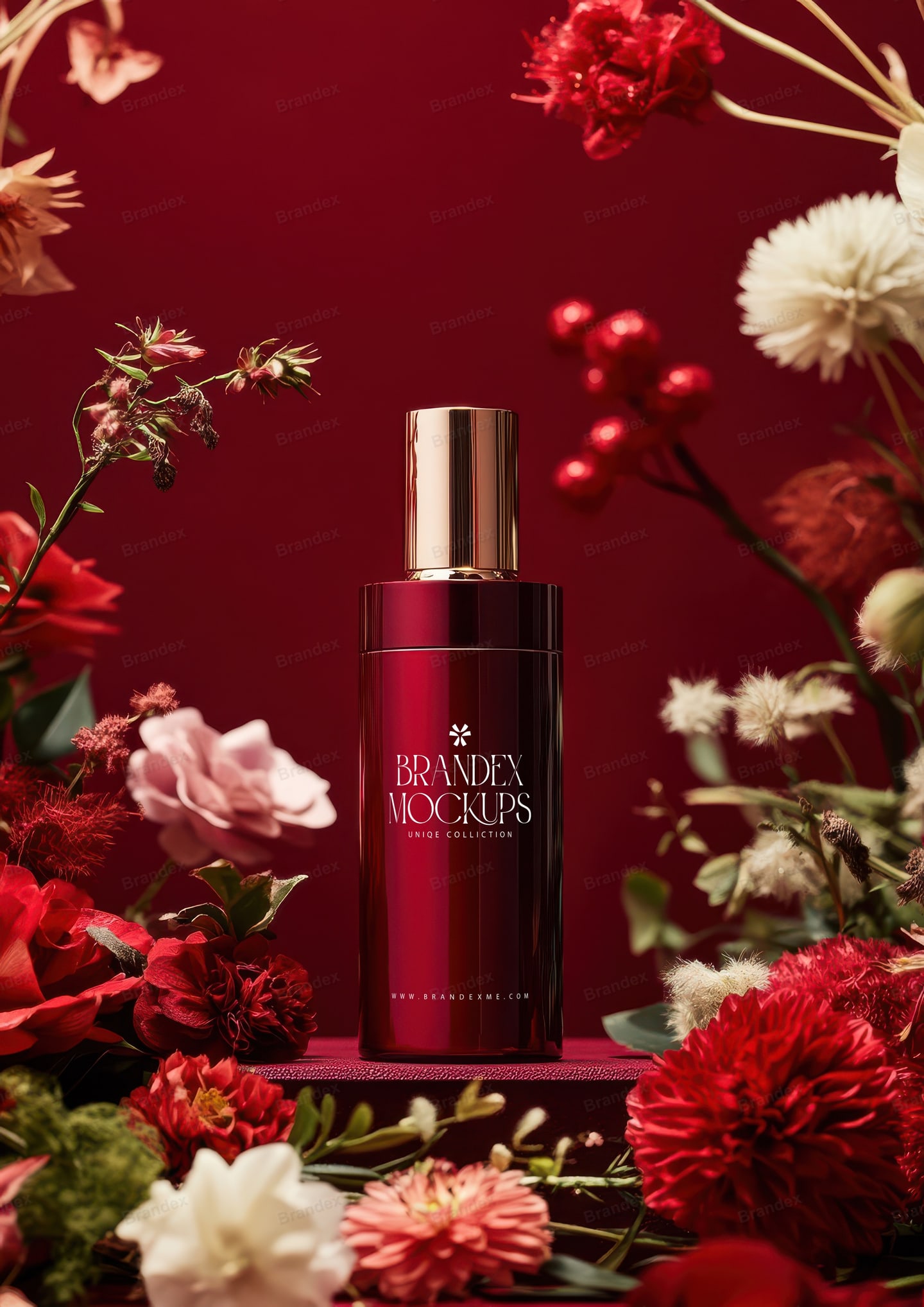 Photorealistic Red Luxury Perfume Bottle Mockup Scene