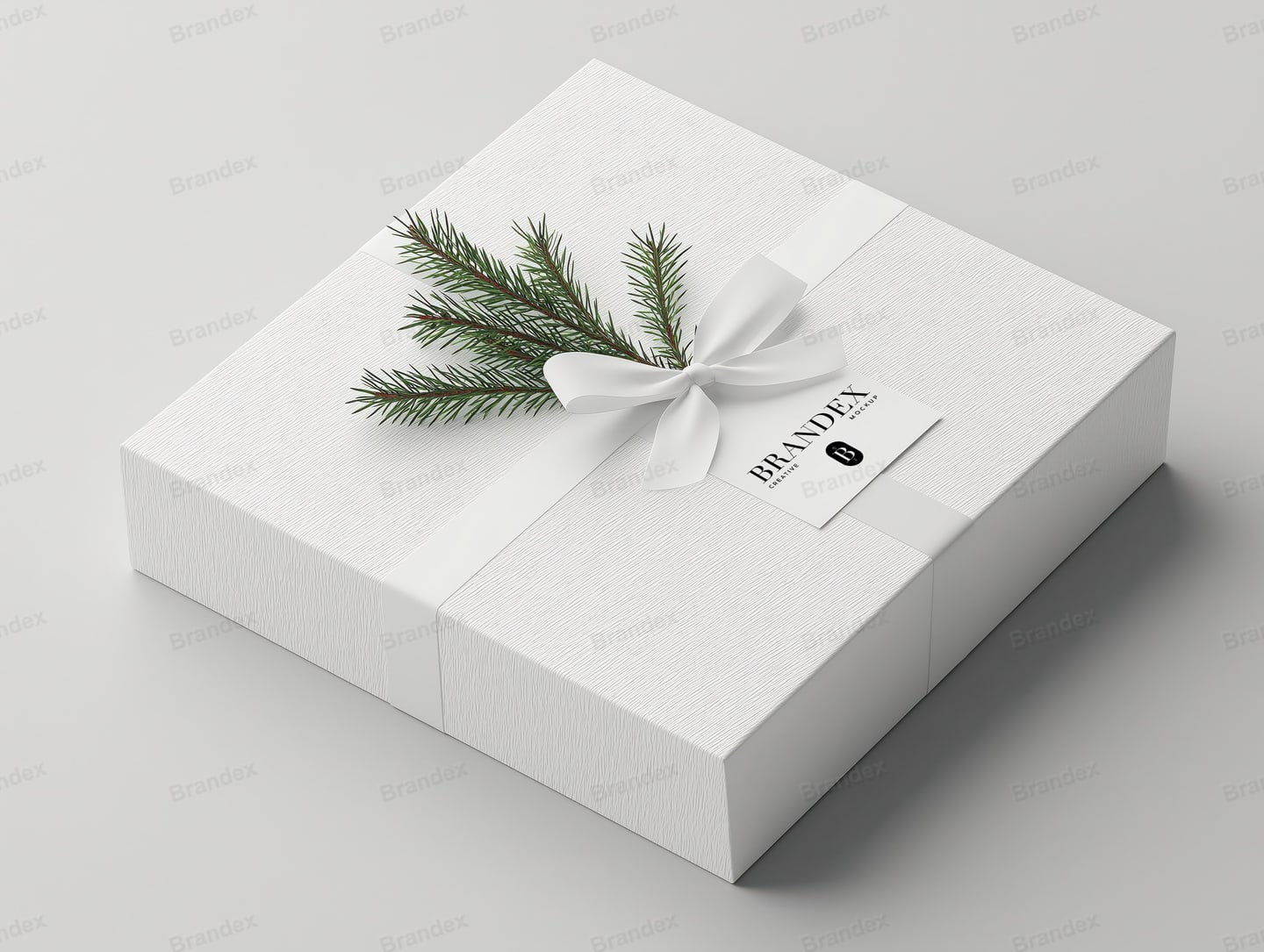 White Gift Box Ribbon Festive Pine Decoration Mockup