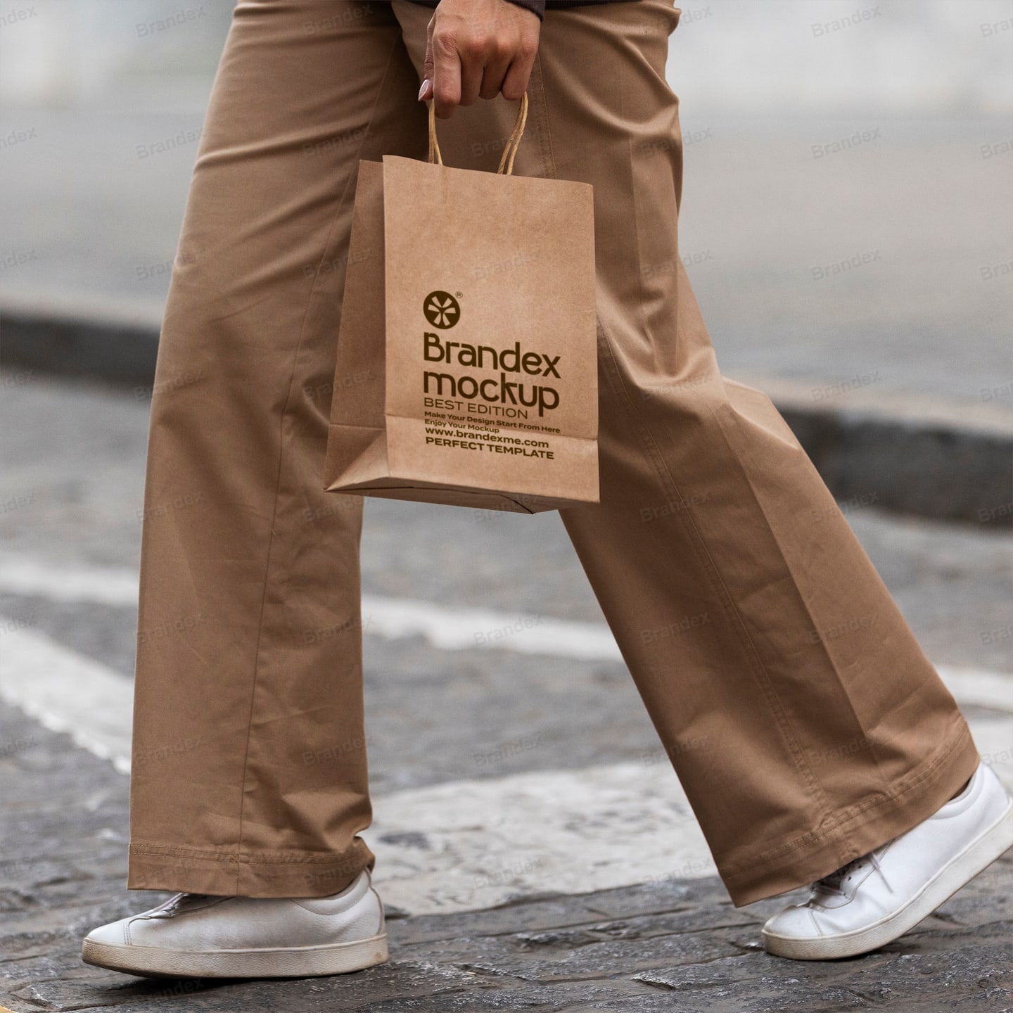 Lifestyle Outdoor Craft Paper Shopping Bag Mockup with Person