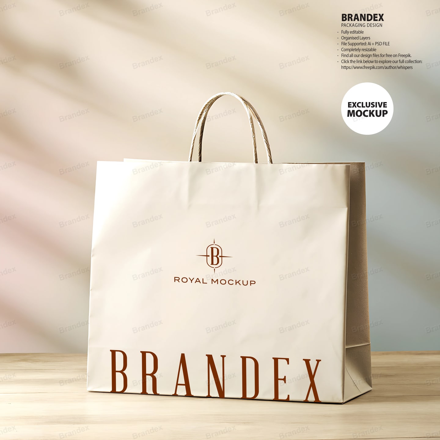 Cream Paper Shopping Bag Mockup on Wooden Surface with Sunlight Shadows