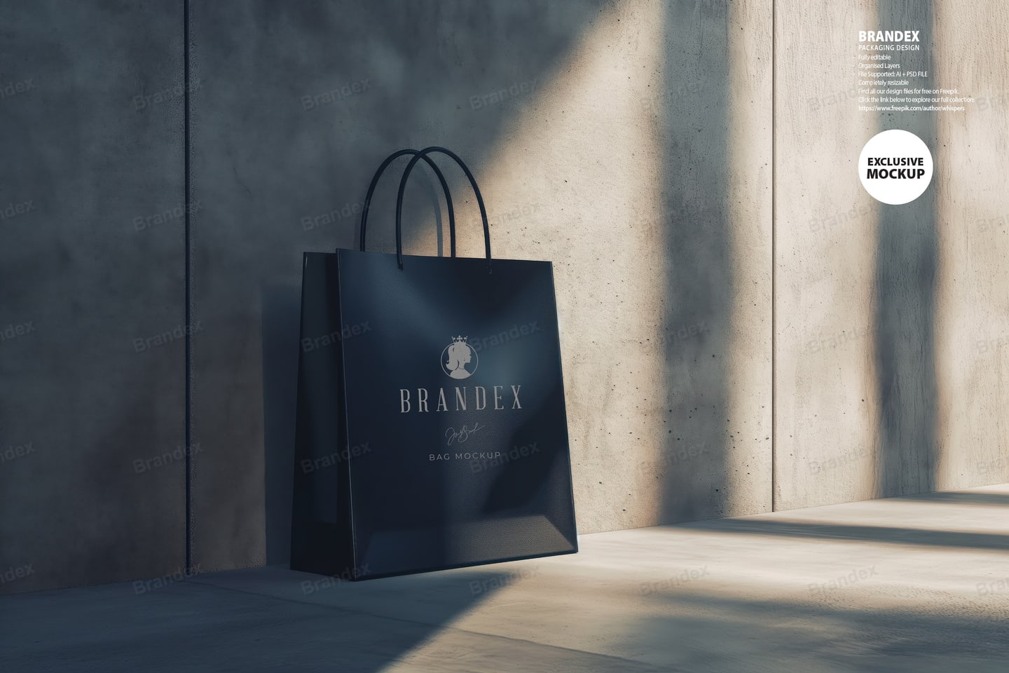 Black Matte Shopping Bag Mockup against Concrete Wall with Window Shadows