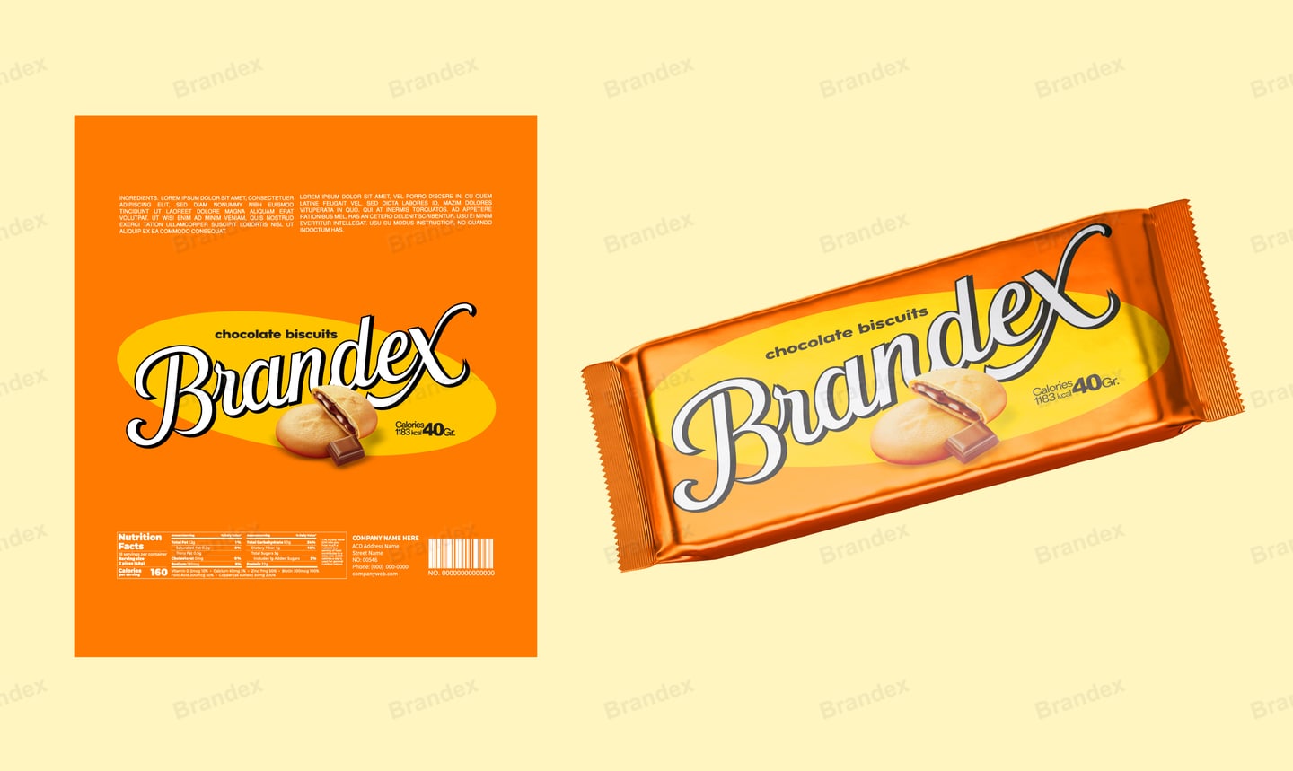 Chocolate Biscuit Wrapper Packaging Template – Orange, Yellow & White