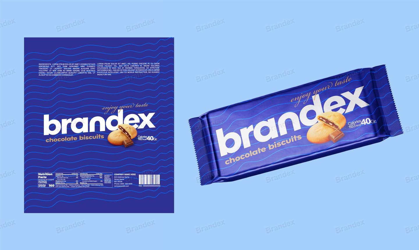Chocolate Biscuit Wrapper Packaging Template – Blue & White