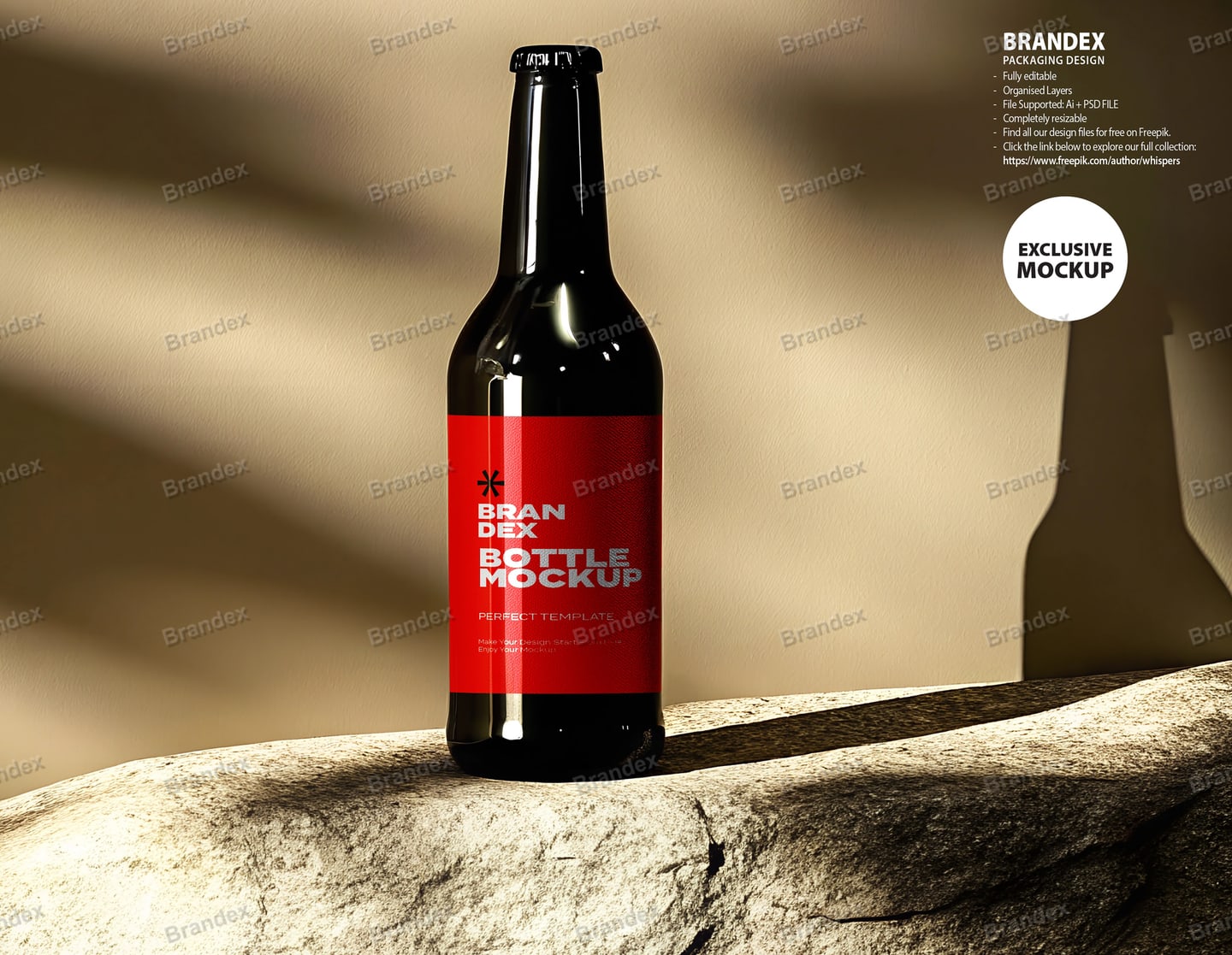 Realistic Red Label Beer Bottle Mockup on Rock Surface