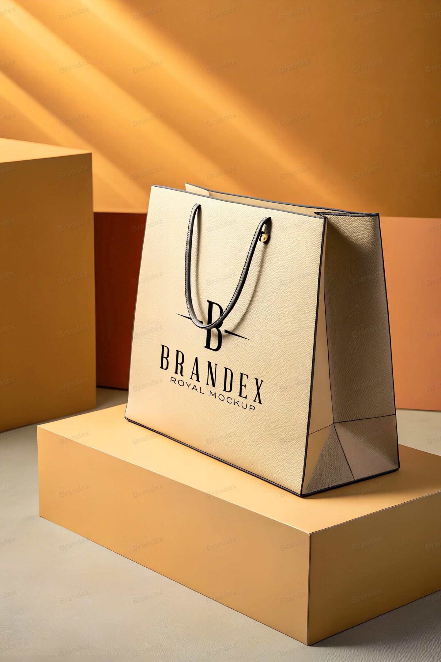 Luxury Gold Metallic Shopping Bag Mockup on Warm Studio Pedestal