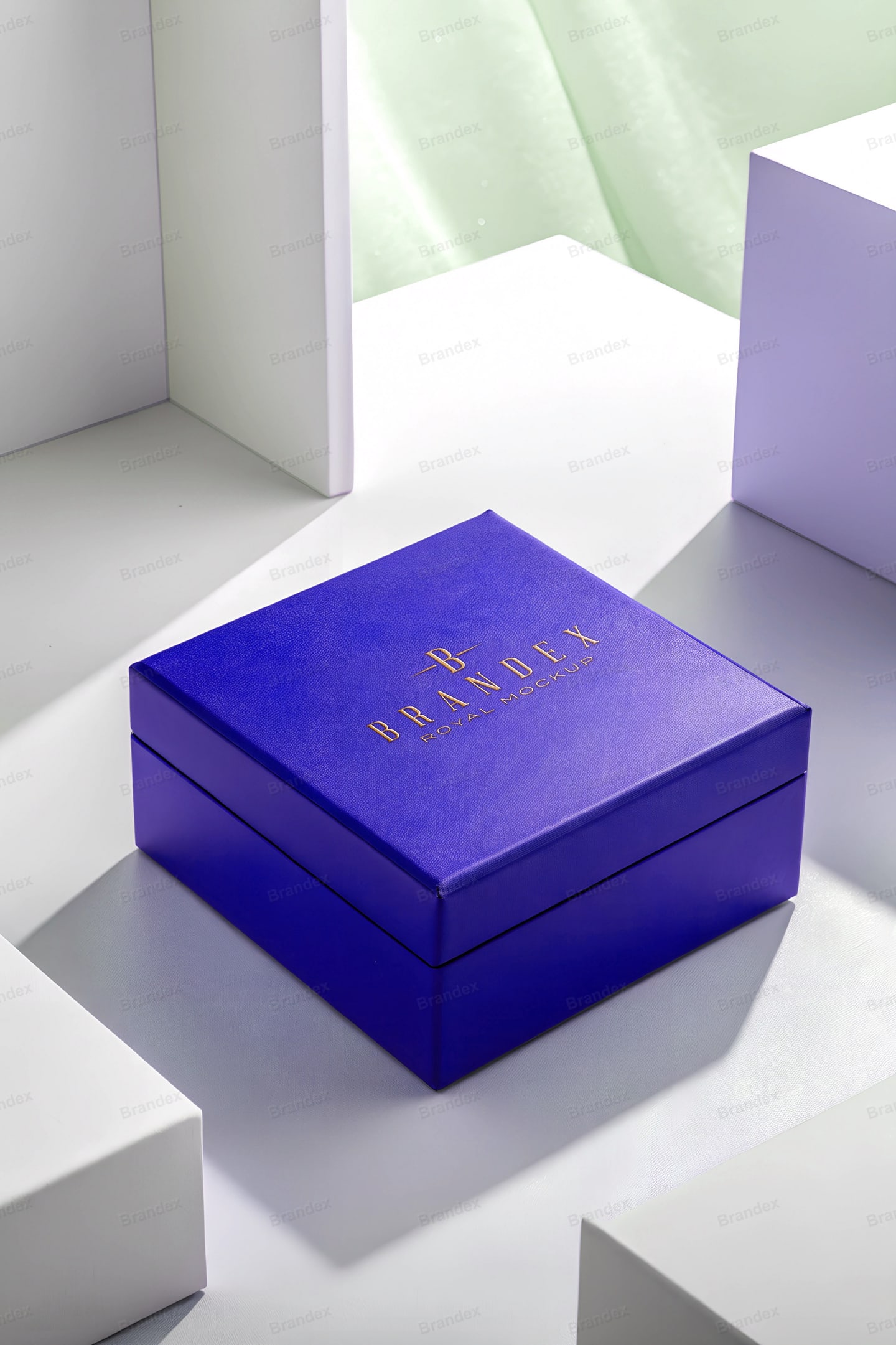 Royal Blue Square Gift Box Packaging Mockup with Gold Lettering
