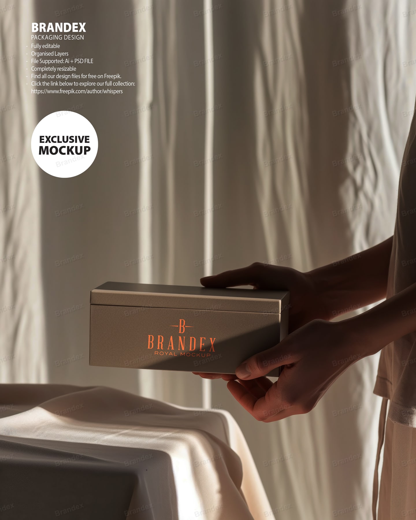 Brown Gift Box Mockup Hands Holding Soft Curtain