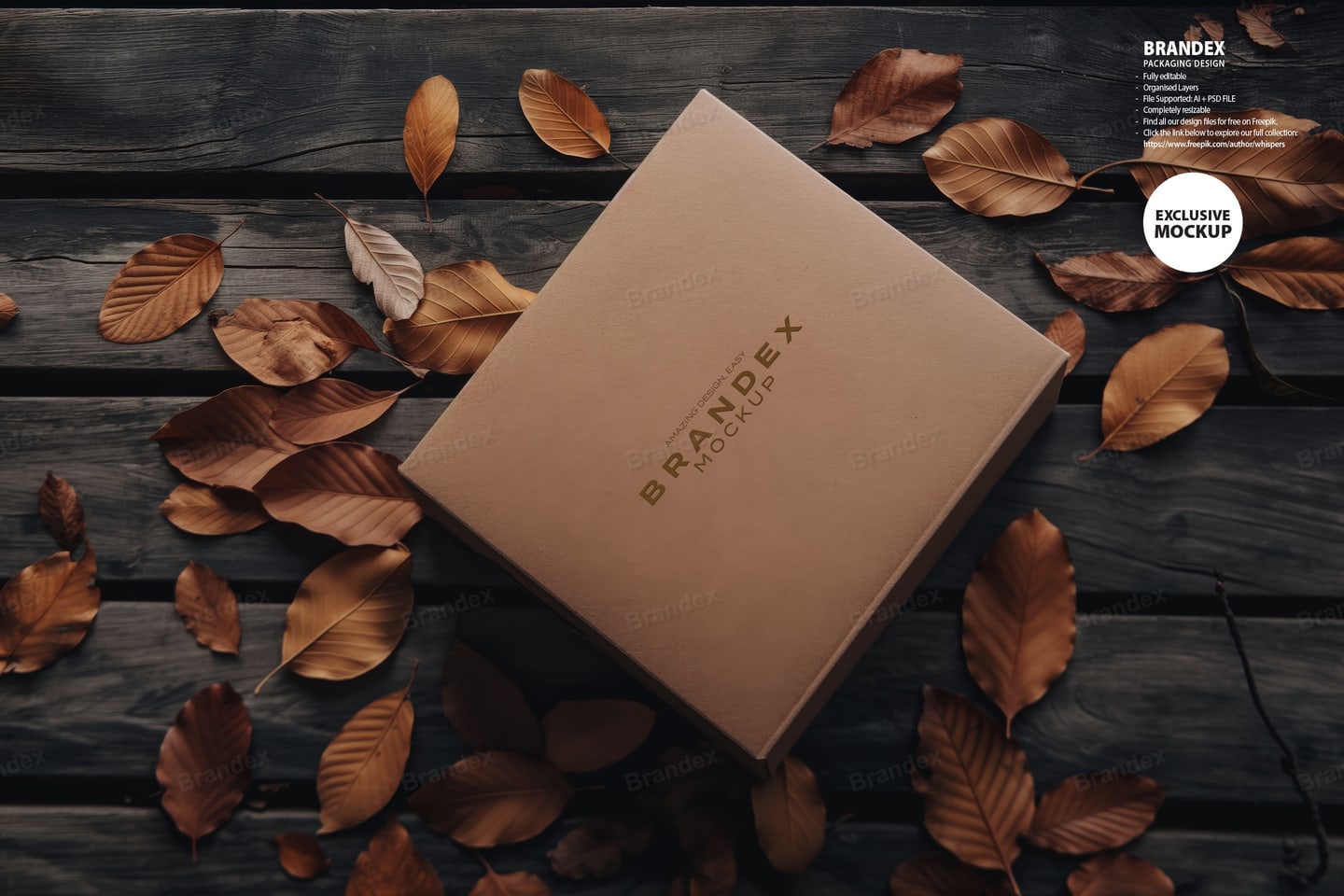 Kraft Paper Gift Box Mockup on Dark Wood Surface with Autumn Leaves
