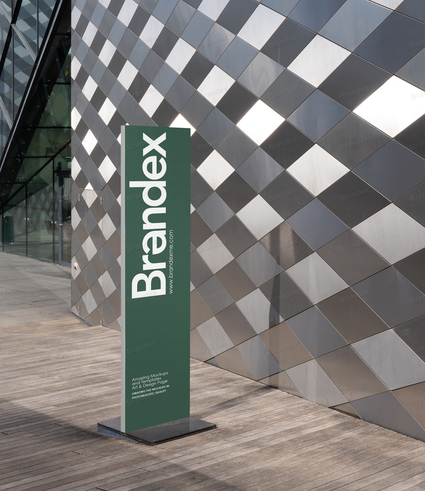 Urban Outdoor Freestanding Sign Mockup Green Geometric Wall Display