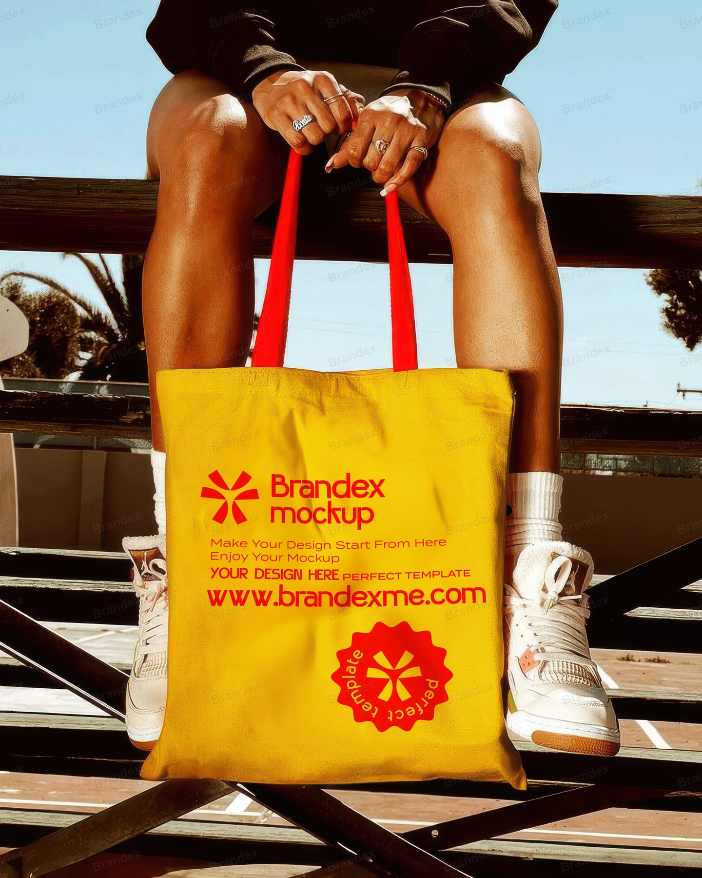Bright Yellow Fabric Tote Bag Mockup Held on Wooden Bleachers