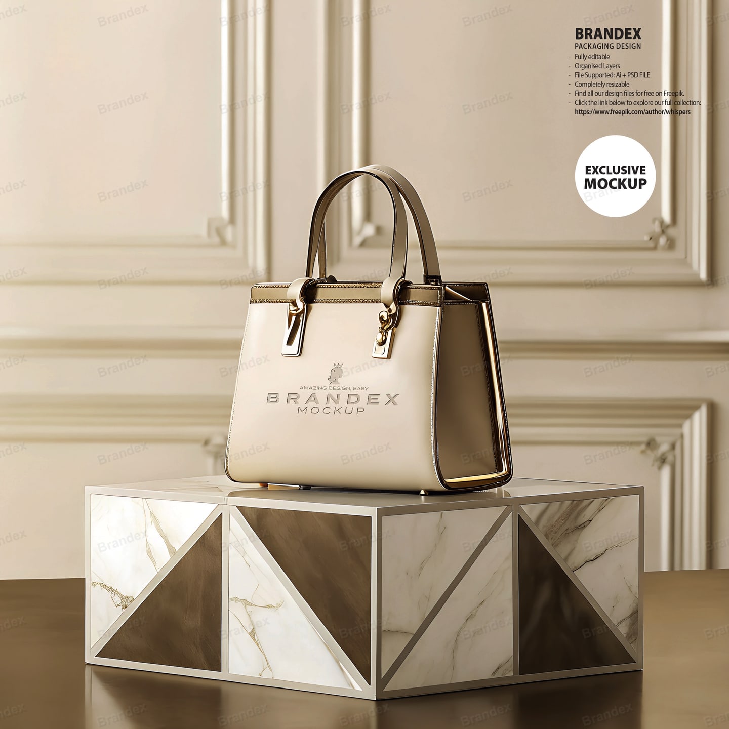 Luxury Beige Leather Handbag Mockup on Marble Pedestal – Elegant Interior View