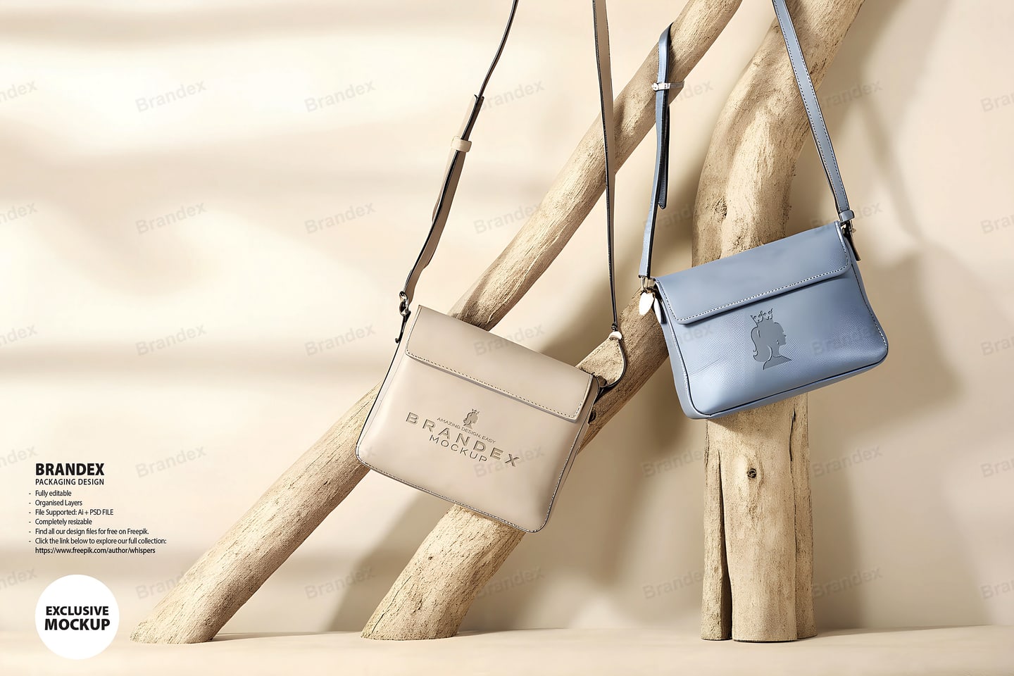 Dual Leather Crossbody Bags Mockup Hanging on Driftwood – Studio View