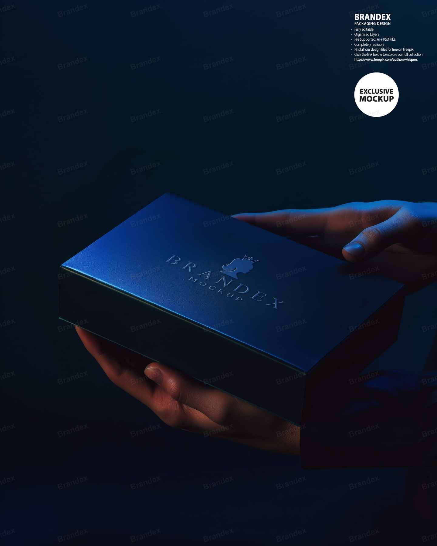 Sleek Black Rigid Gift Box Mockup Held in Hands – Dark Blue Studio Lighting