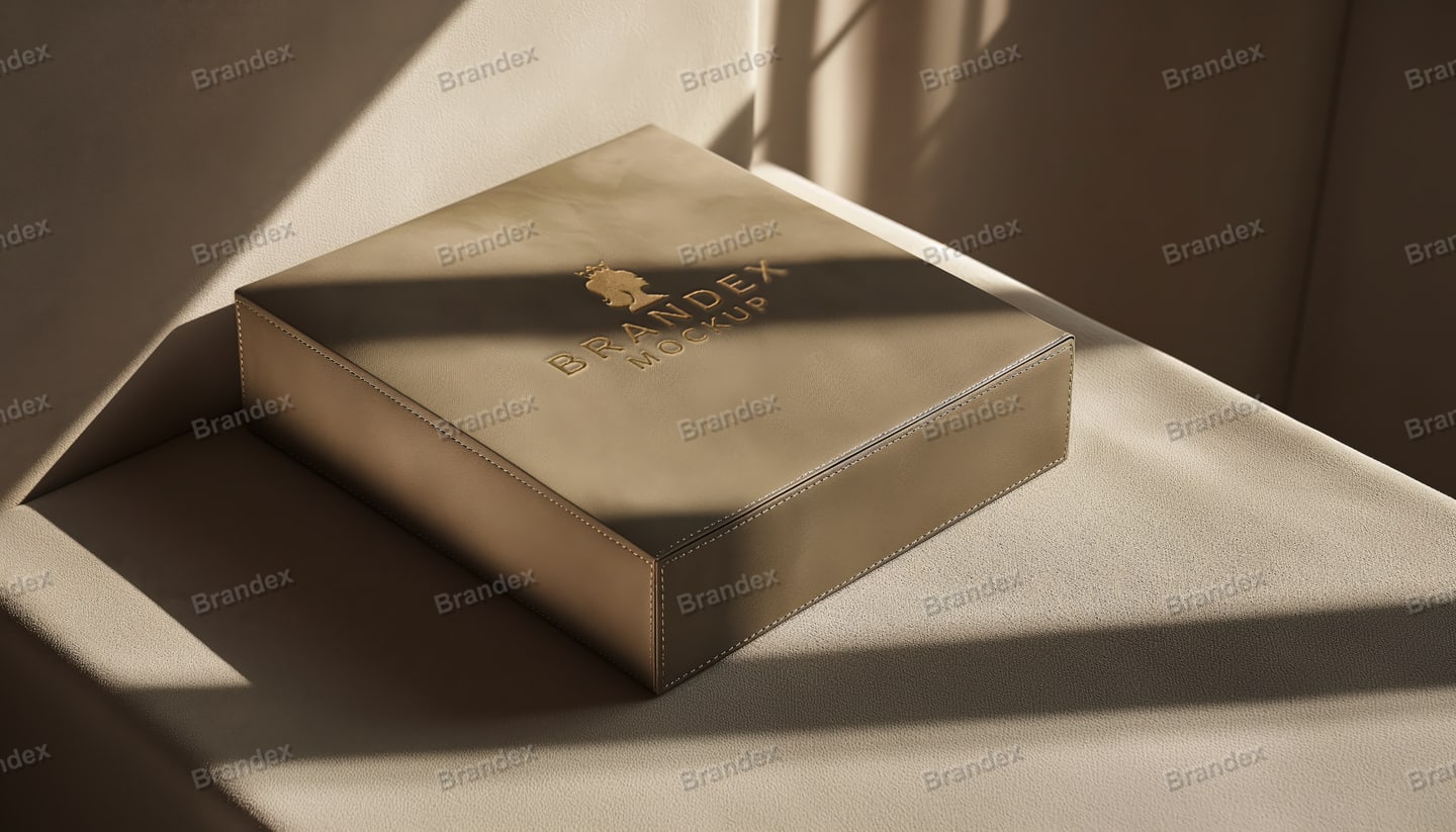 Luxury Branding Beige Leather Box Mockup Gold Embossing