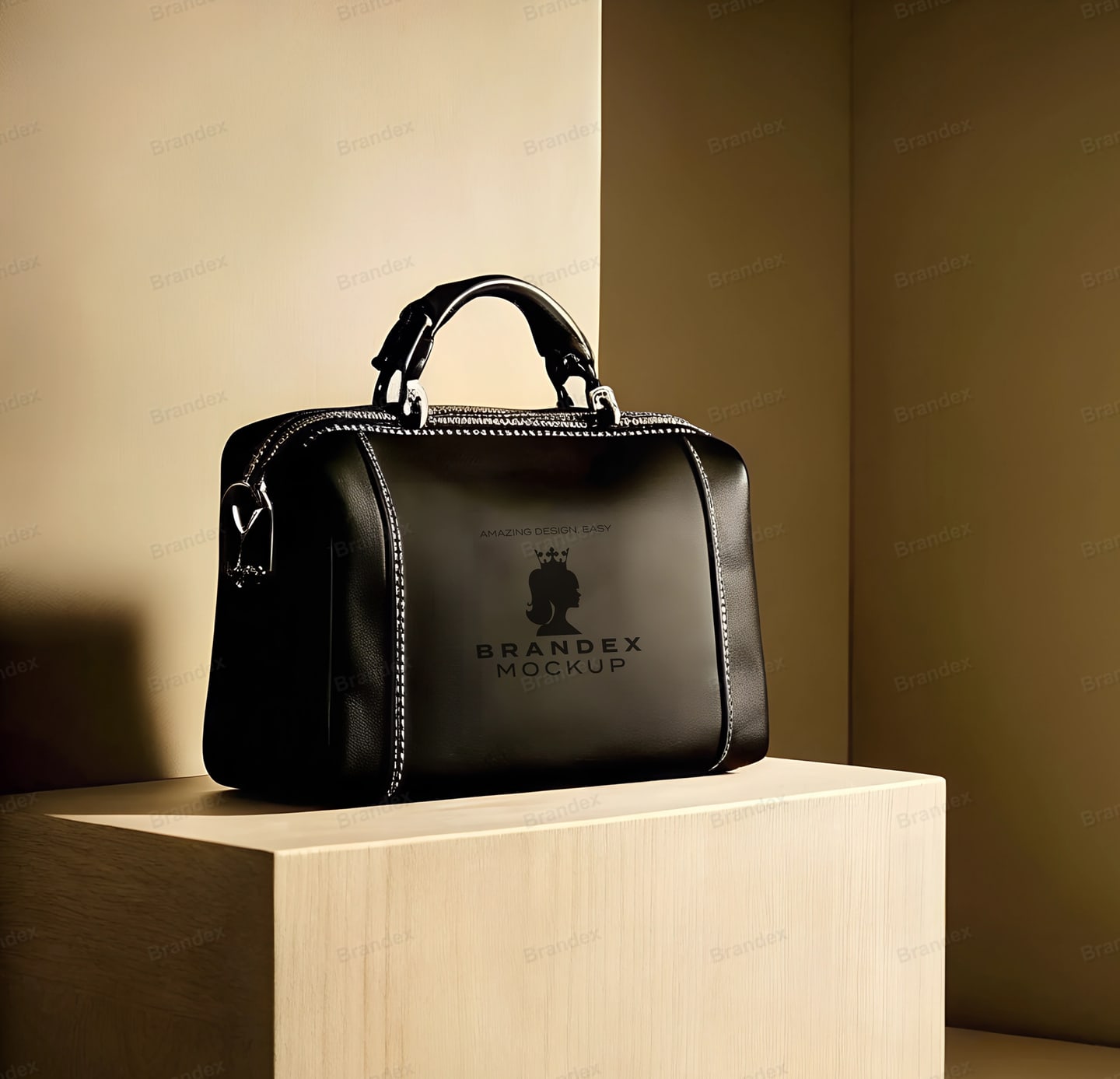 Luxury Black Leather Duffle Handbag Mockup on Wooden Pedestal – Studio View