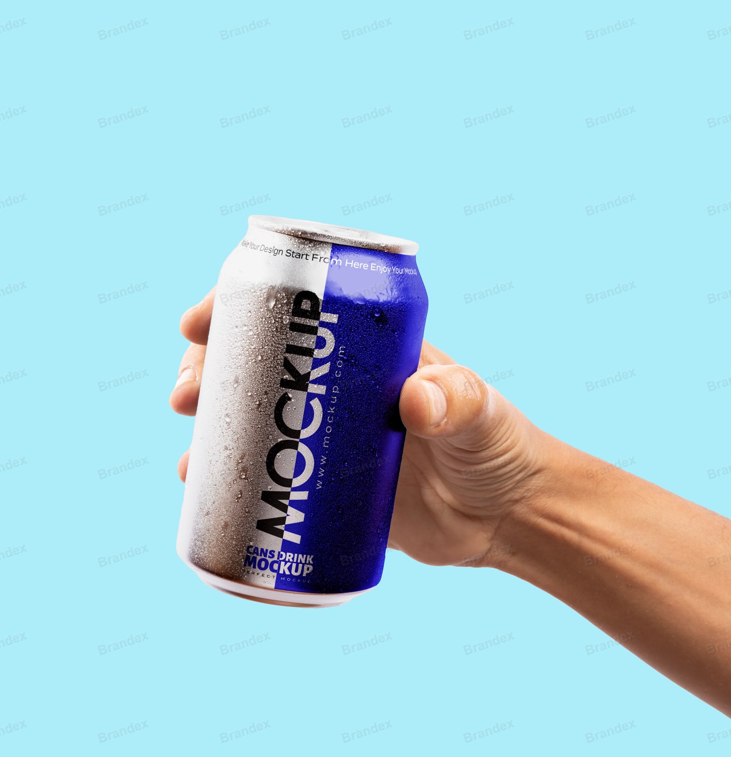Frosted Soda Can Mockup Held In Hand with Blue Background